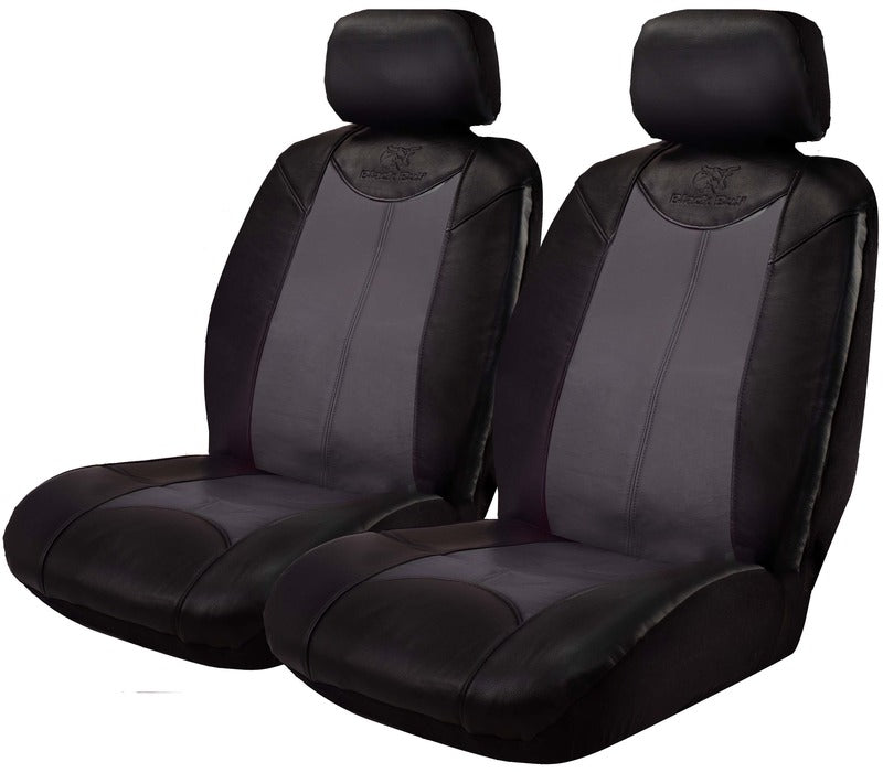 Black Bull Leather Look Seat Covers - Airbag Compatible, Universal Fit (Black/Grey, Size 30, 1 Pair) - Premium Car Interior Protection for SUVs, Trucks & Sedans