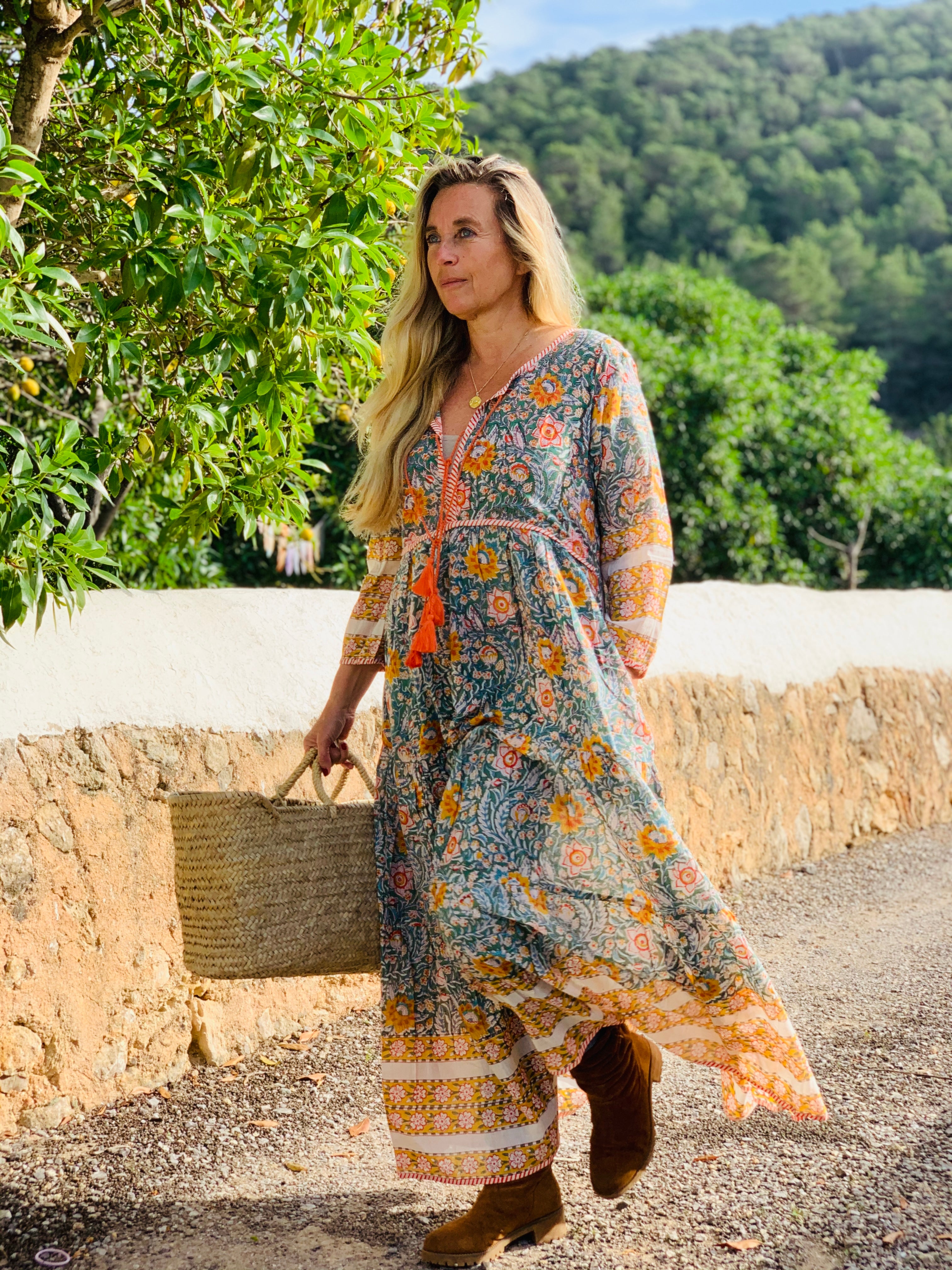 Boho Floral Maxi Dress with Orange Tassels - Women's Summer Bohemian Flowy Dress for Beach, Festival & Vacation