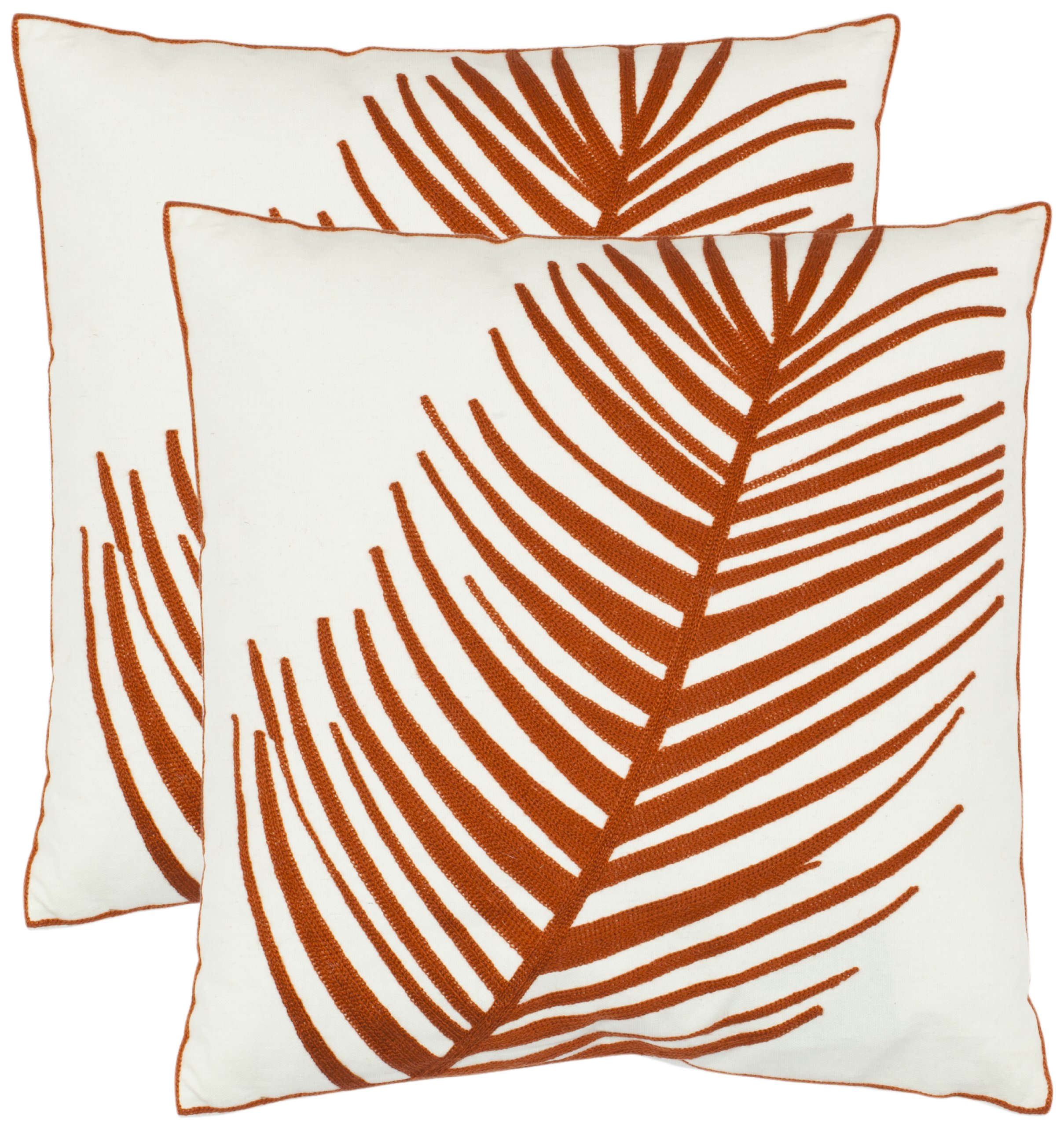 SAFAVIEH 18-Inch Fern Leaf Decorative Throw Pillow Covers Set of 2 - White and Rust Boho Chic Accent Pillows for Sofa, Bed, Living Room & Home Decor