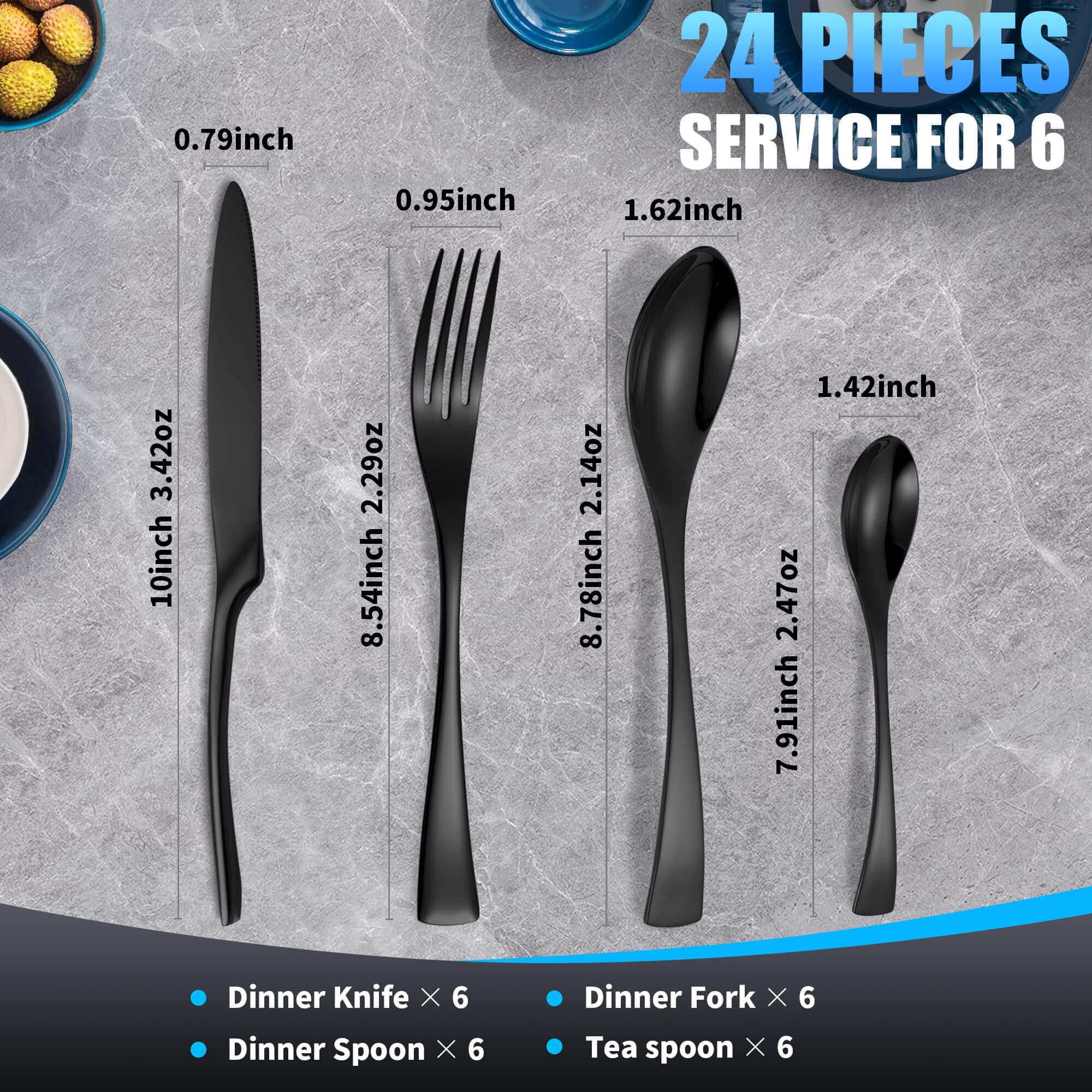 24-Piece Black Silverware Set for 6 - Heavy Duty 18/10 Stainless Steel Cutlery Set with Forged Stand Knife - Modern Flatware Utensil Set (Forks, Spoons, Knives) - Mirror Polished & Dishwasher Safe - Perfect for Dinner Parties, Restaurants, and Everyday Dining