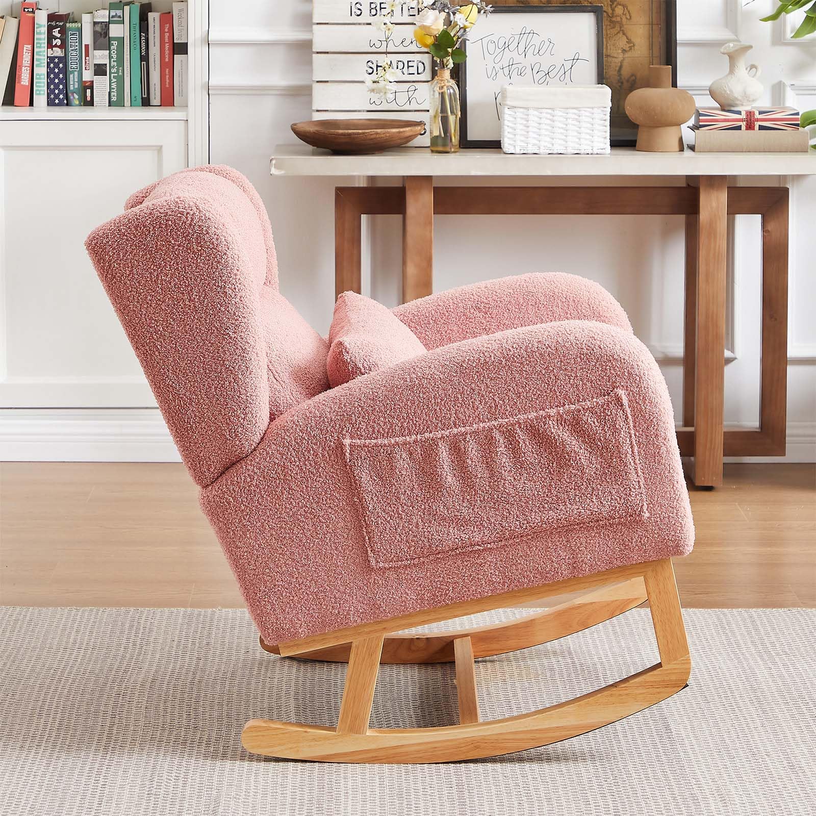 Antetek Modern Teddy Upholstered Rocking Chair - High Back Wingback Nursery Rocker with Lumbar Support Pillow, Comfortable Accent Armchair for Living Room, Bedroom & Nursery (Pink) | Perfect for Nursing, Relaxing & Nursery Decor