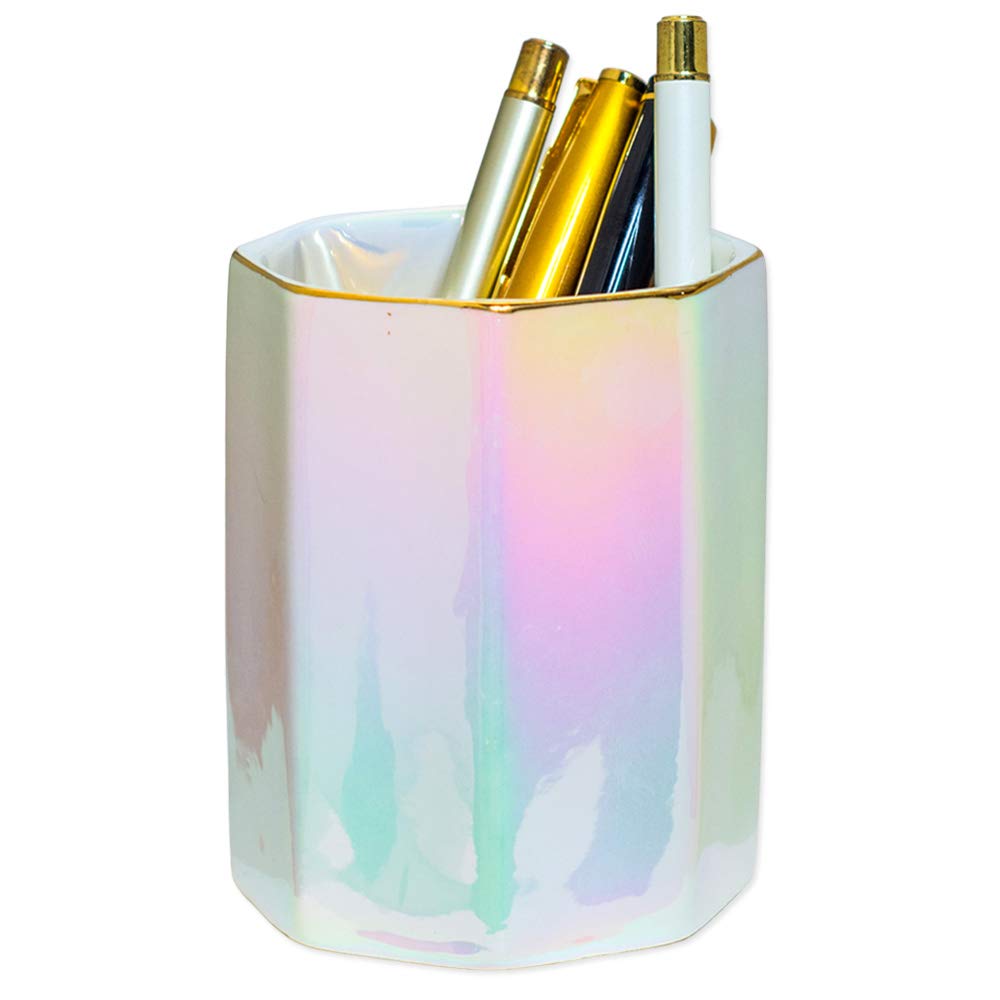 YOSCO Ceramic Pen Holder Stand - Cute Pencil Cup for Desk & Makeup Brushes (Pearl) - Office & Vanity Organizer