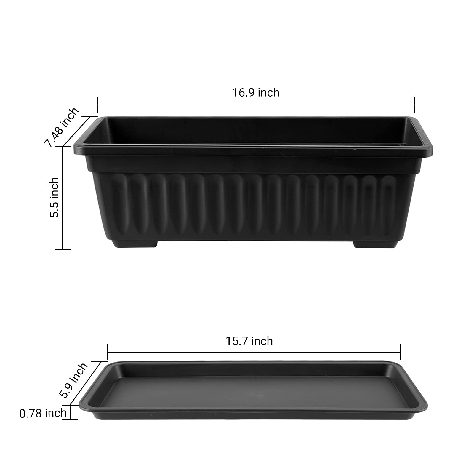GREANER 3 Pack Rectangle Planters for Indoor Outdoor Plants - 16.9x7.48 Inch Plastic Flower Boxes with Drainage Tray, Vegetable Herb Growing Pots for Garden, Balcony, Windowsill - Black (Perfect for Home Decor, Urban Gardening & DIY Planting Projects)