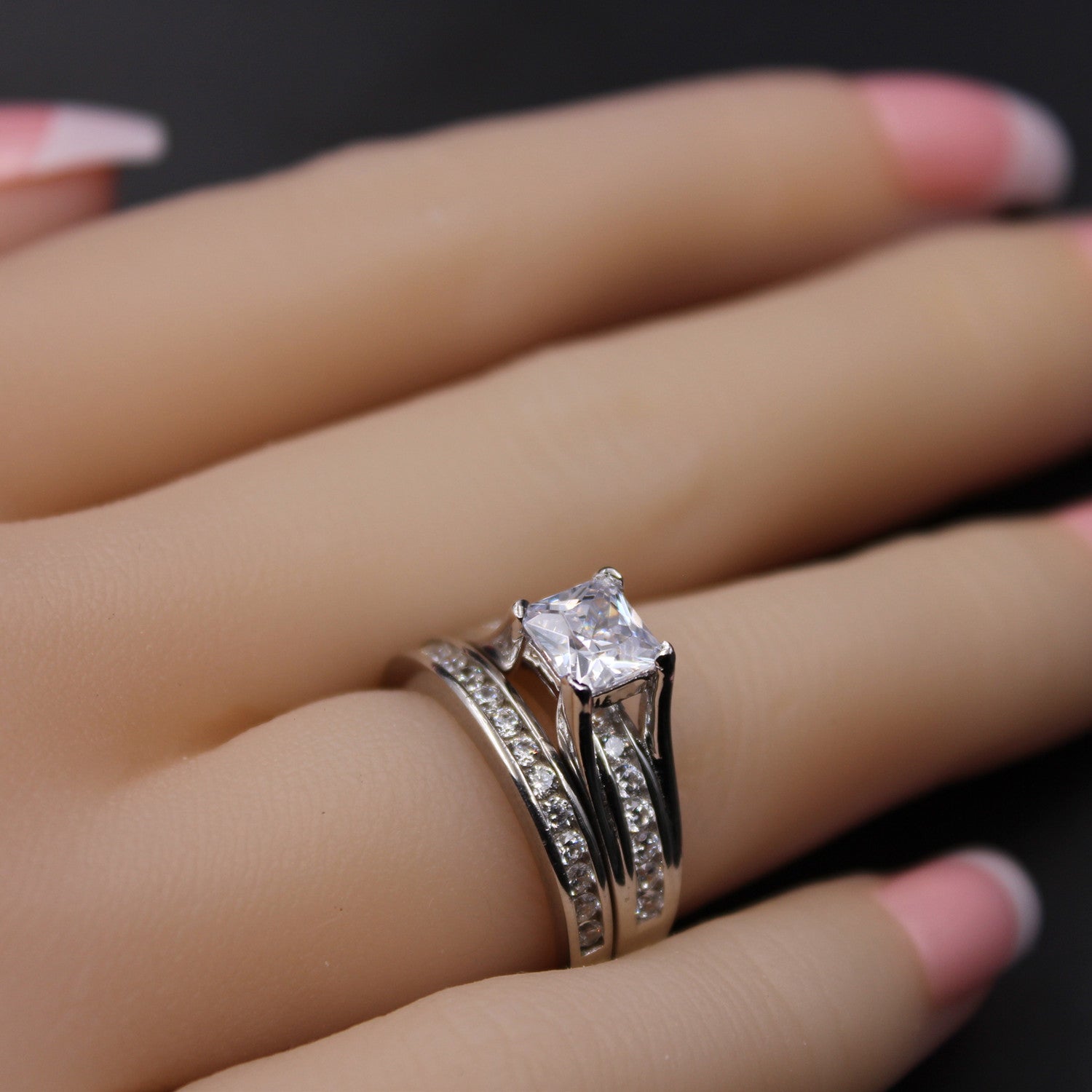 MABELLA Couple Wedding Rings Set - Sterling Silver Princess Cut CZ Ring for Women & Stainless Steel Band for Men - Perfect for Anniversaries, Engagements, and Romantic Gifts