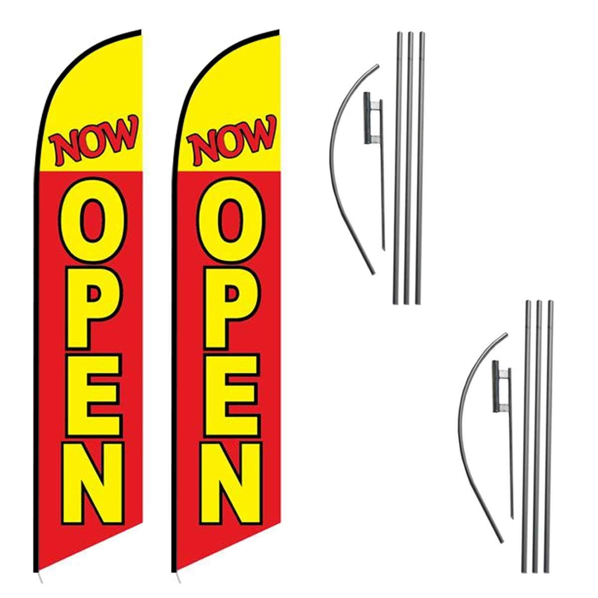 2-Pack Now Open Red/Yellow 15' Swooper #3 Feather Flags Kit with Poles & Ground Spikes - Perfect for Outdoor Advertising, Car Dealerships, and Retail Store Promotions