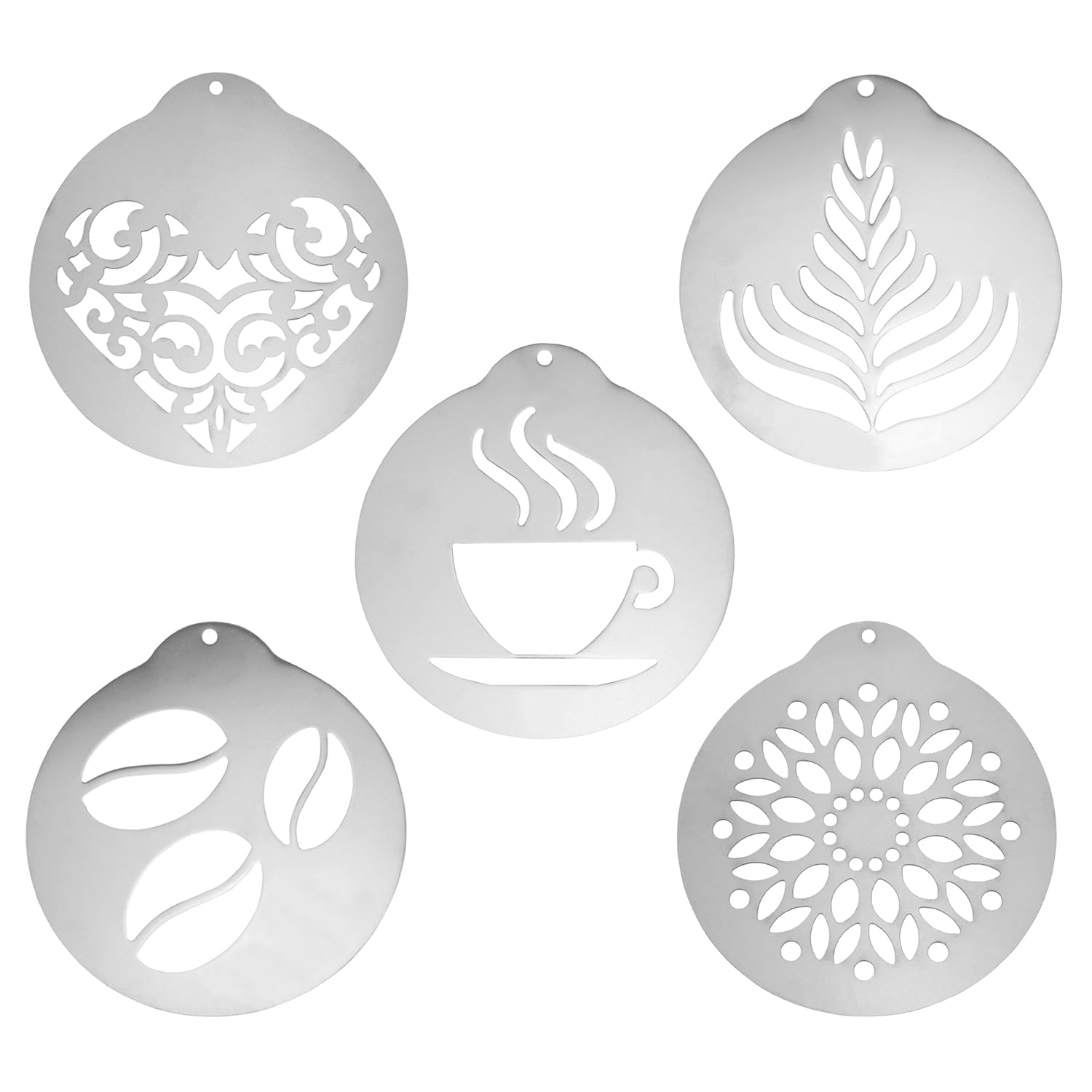 5PCS Stainless Steel Coffee Stencils for Latte Art - Reusable Milk Froth Spray Molds for Cappuccino, Chocolate & Cinnamon Powder Designs - Perfect for Home Baristas & Coffee Shops (Use for Decorating Lattes, Hot Cocoa & Desserts)