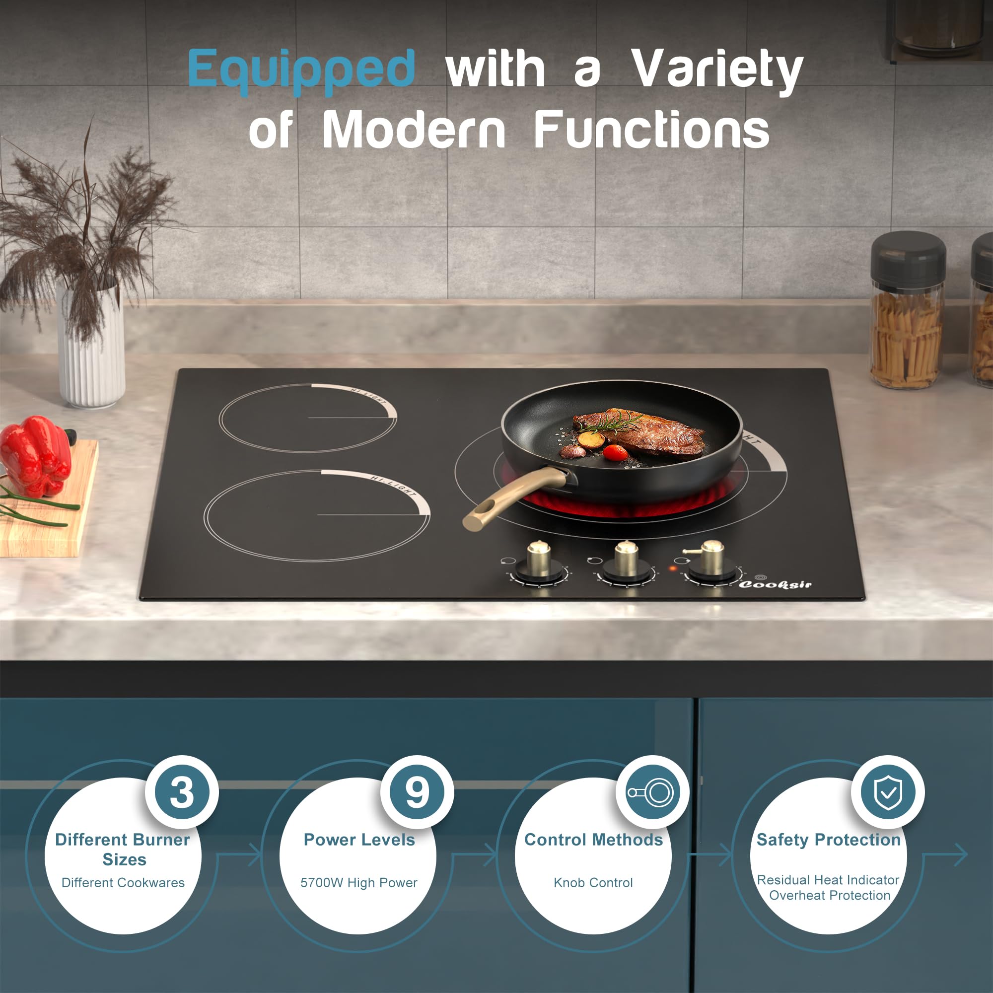 24 Inch Electric Cooktop - 3 Burner Built-in Stove Top 5700W with 9 Heating Levels | Knob Control & Over-Temperature Protection | 220-240V Hard Wired (No Plug) | Perfect for Home Kitchen, RV & Small Spaces