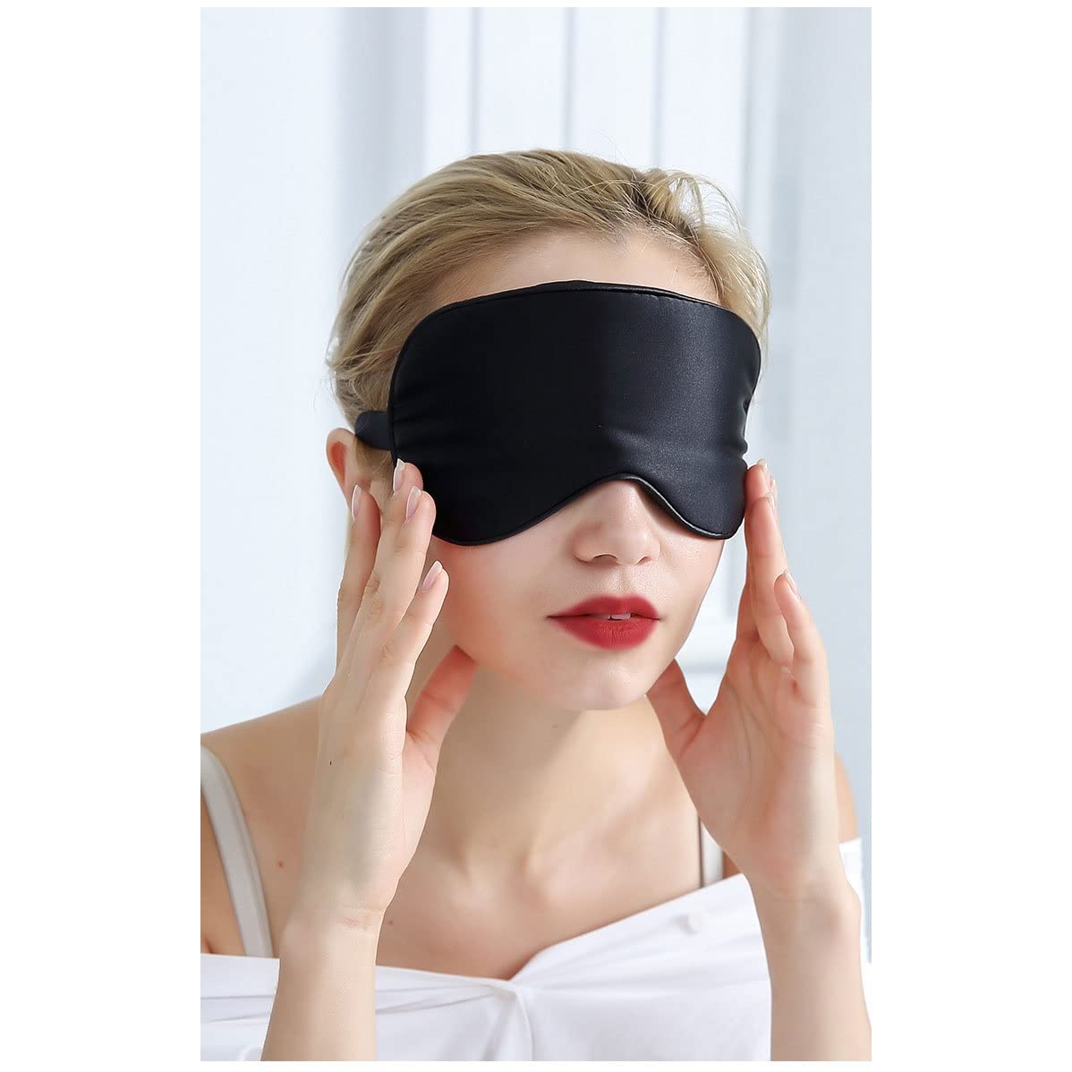 Silk Sleep Mask for Women & Men - Adjustable Strap, 100% Mulberry Silk Eye Mask for Sleeping, Blocks Light & Reduces Puffy Eyes - Perfect for Travel, Meditation & Night Sleep (Color: Black)