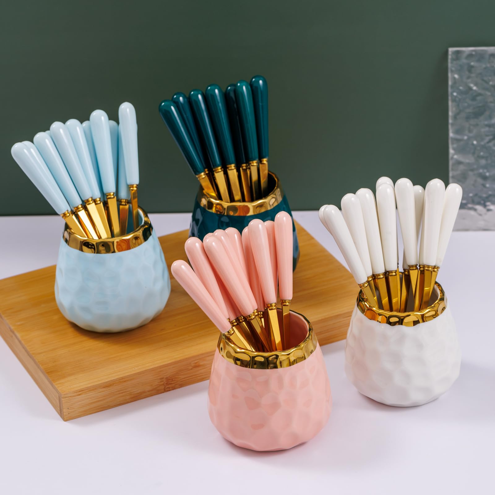 Elegant Ceramic Dessert Fork Set with 8 Small Forks - Perfect for Fruit, Salad, Appetizers, Cakes & Tea Parties | Pink Jar & Flatware Set for Home Dining & Party Serving