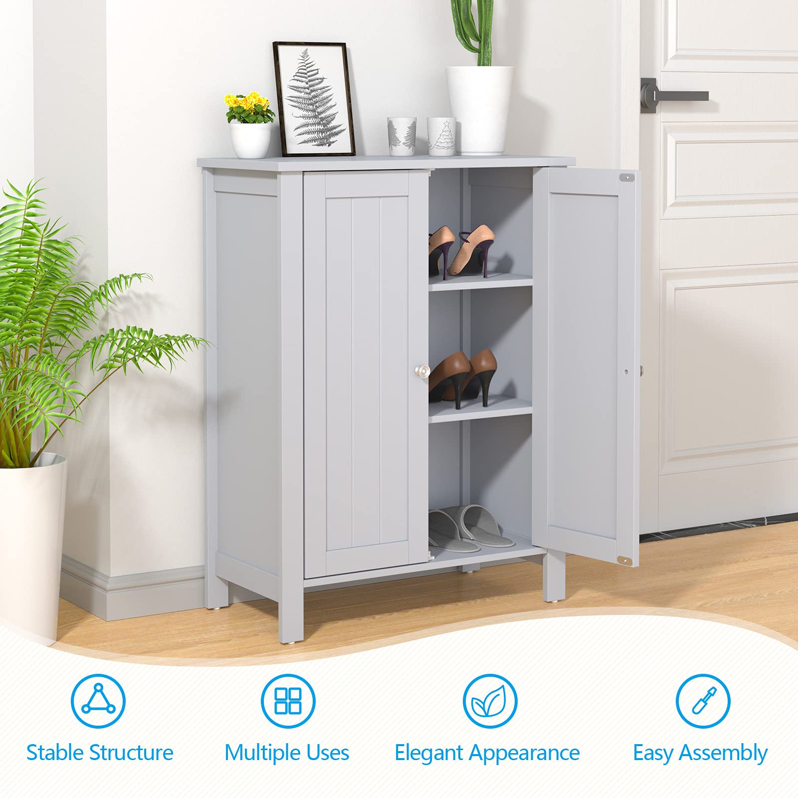 GOFLAME 3-Tier Adjustable Bathroom Storage Cabinet with Double Doors - Freestanding Wooden Organizer for Bathroom, Living Room & Kitchen - Grey | Space-Saving Home Storage Solution for Towels, Toiletries & Cleaning Supplies