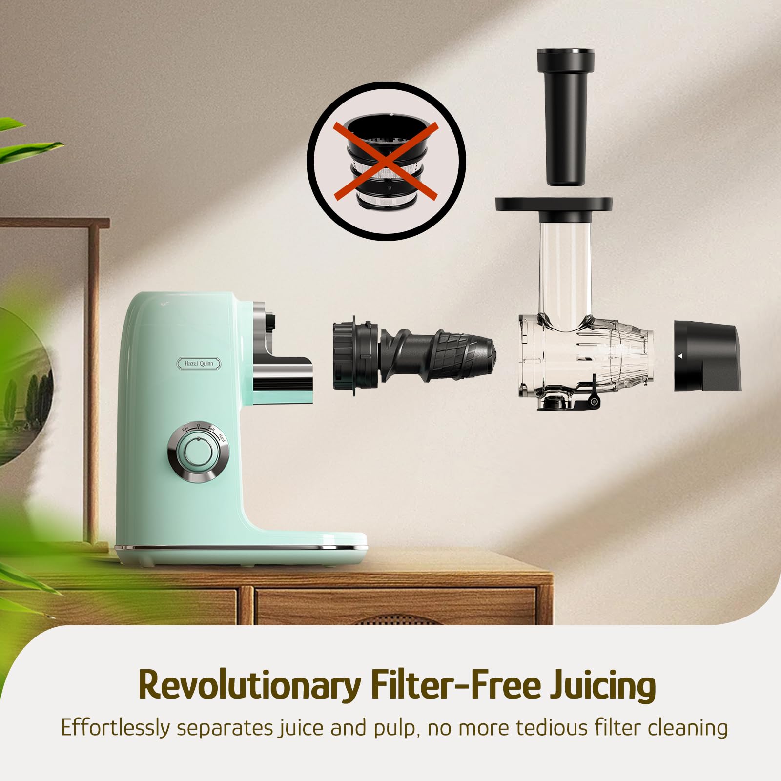 Hazel Quinn Slow Masticating Juicer - Cold Press Juicer for Fruits & Vegetables, BPA-Free, Easy Clean, 2-Speed & Reverse Function, Ultra Quiet, Dishwasher Safe - Perfect for Healthy Juicing at Home or Office