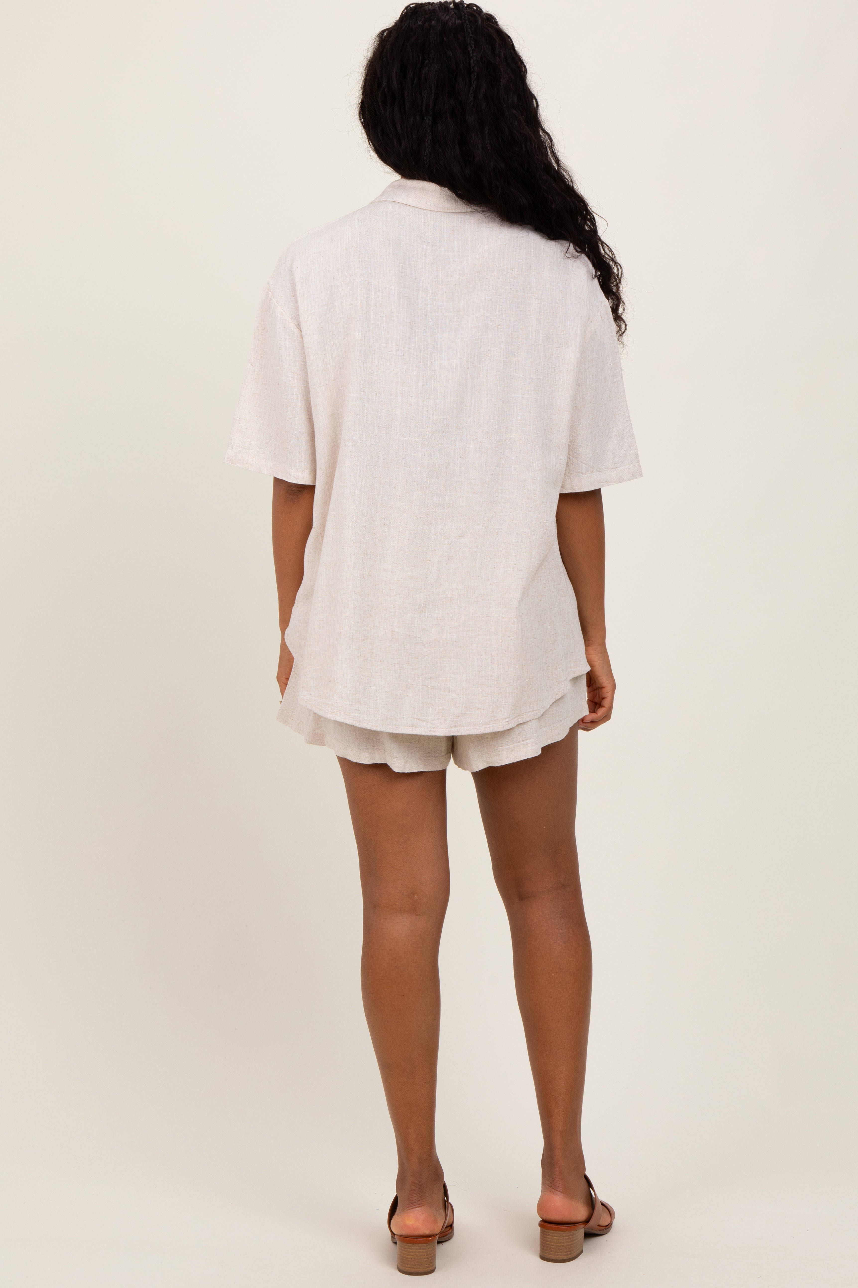 Beige Linen Blend Short Sleeve Shirt & Shorts Set for Women - Casual Summer Outfit for Beach, Vacation and Everyday Wear