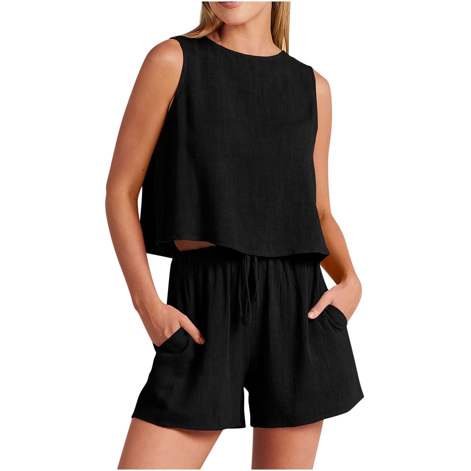 Women's 2-Piece Outfit - Sleeveless Tank Top with Pockets & Comfortable Shorts - Lounge, Beach & Summer Travel Matching Set - Casual Wear for Vacation, Yoga & Outdoor Activities