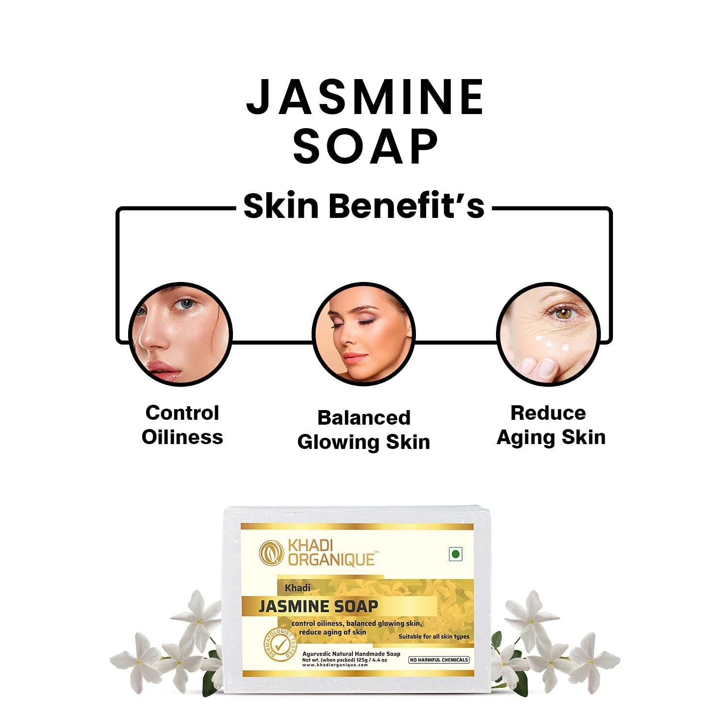 Khadi Organique Handmade Jasmine Soap - Pack of 3 | Natural & Organic Skincare by Dominion Care | Perfect for Sensitive Skin & Daily Cleansing