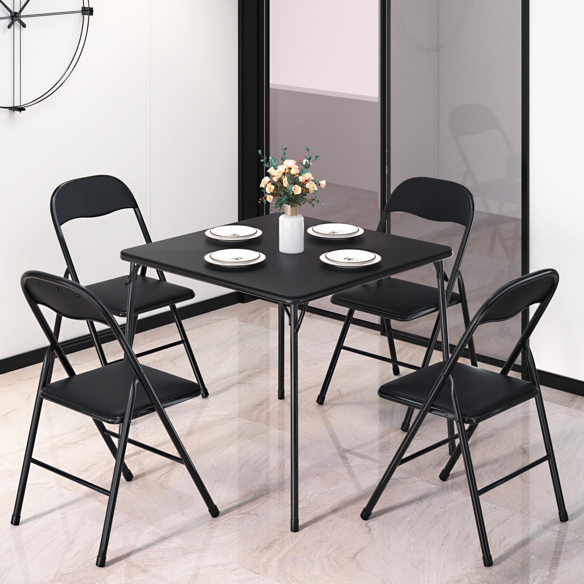 VECELO 5-Piece Folding Card Table and Chairs Set - Foldable Game Table with Padded Upholstery, Sturdy Metal Frame in Black - Perfect for Poker Nights, Family Gatherings & Outdoor Events