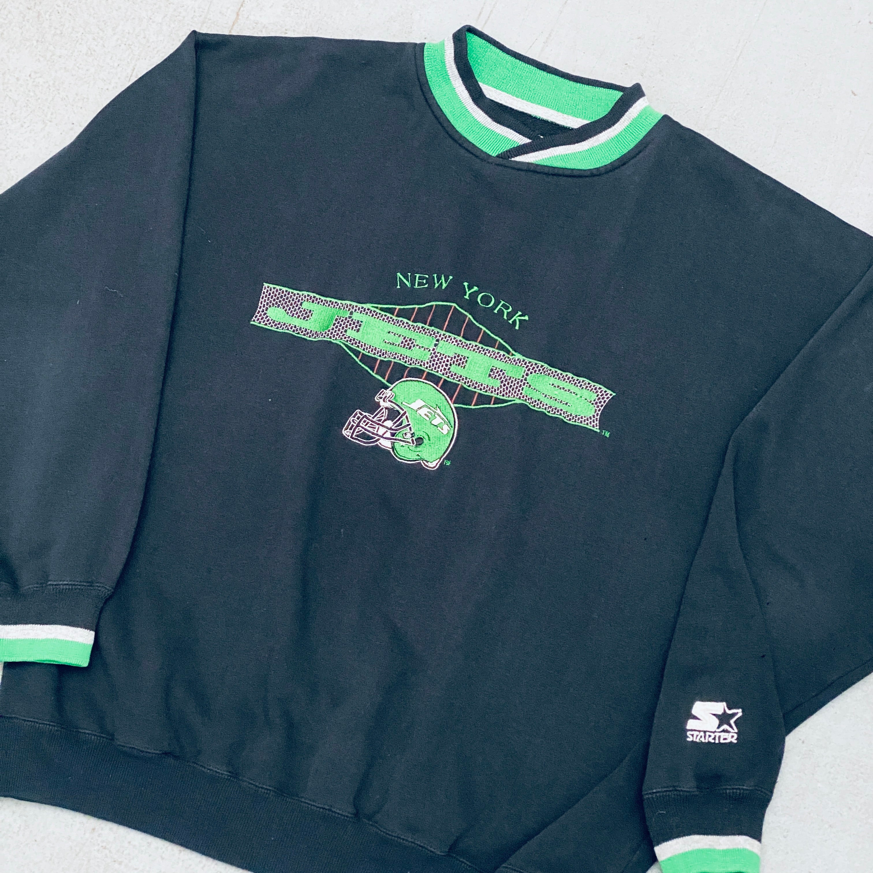 Vintage 1990s New York Jets Embroidered Spellout Starter Sweatshirt - L/XL - Retro NFL Fan Gear for Game Day & Casual Wear