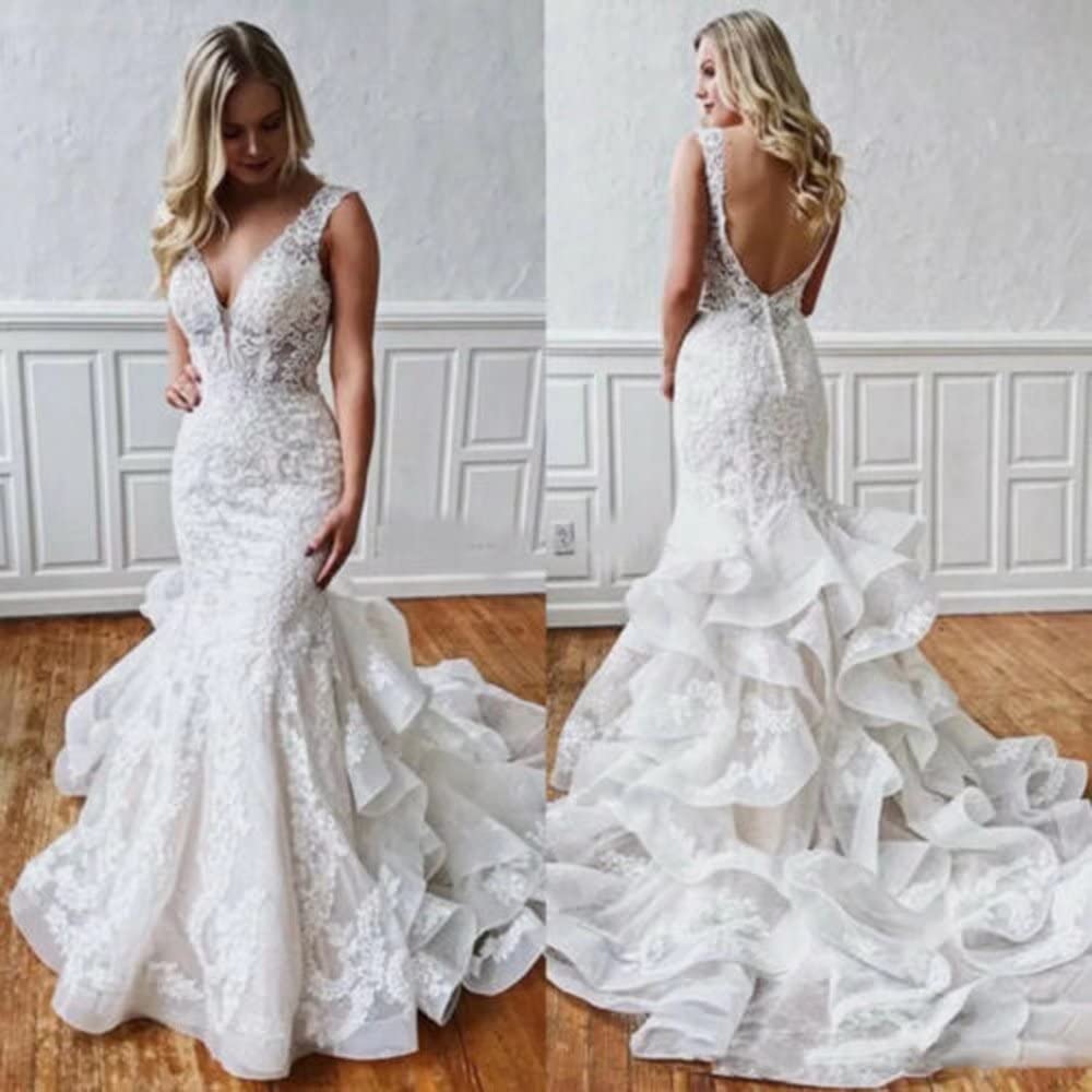 Elegant V-Neck Mermaid Wedding Dress for Bride | Lace Backless Beach Bridal Gown with Ruffled Train | Perfect for Beach Weddings, Outdoor Ceremonies & Romantic Photoshoots