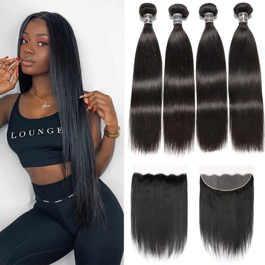 Malaysian Straight Virgin Human Hair Bundles with 13x4 Lace Frontal - 4 Unprocessed Bundles (1B Color, 20-26 Inch) for Natural Black Hairstyles | Perfect for Weaves, Wigs & Everyday Glam