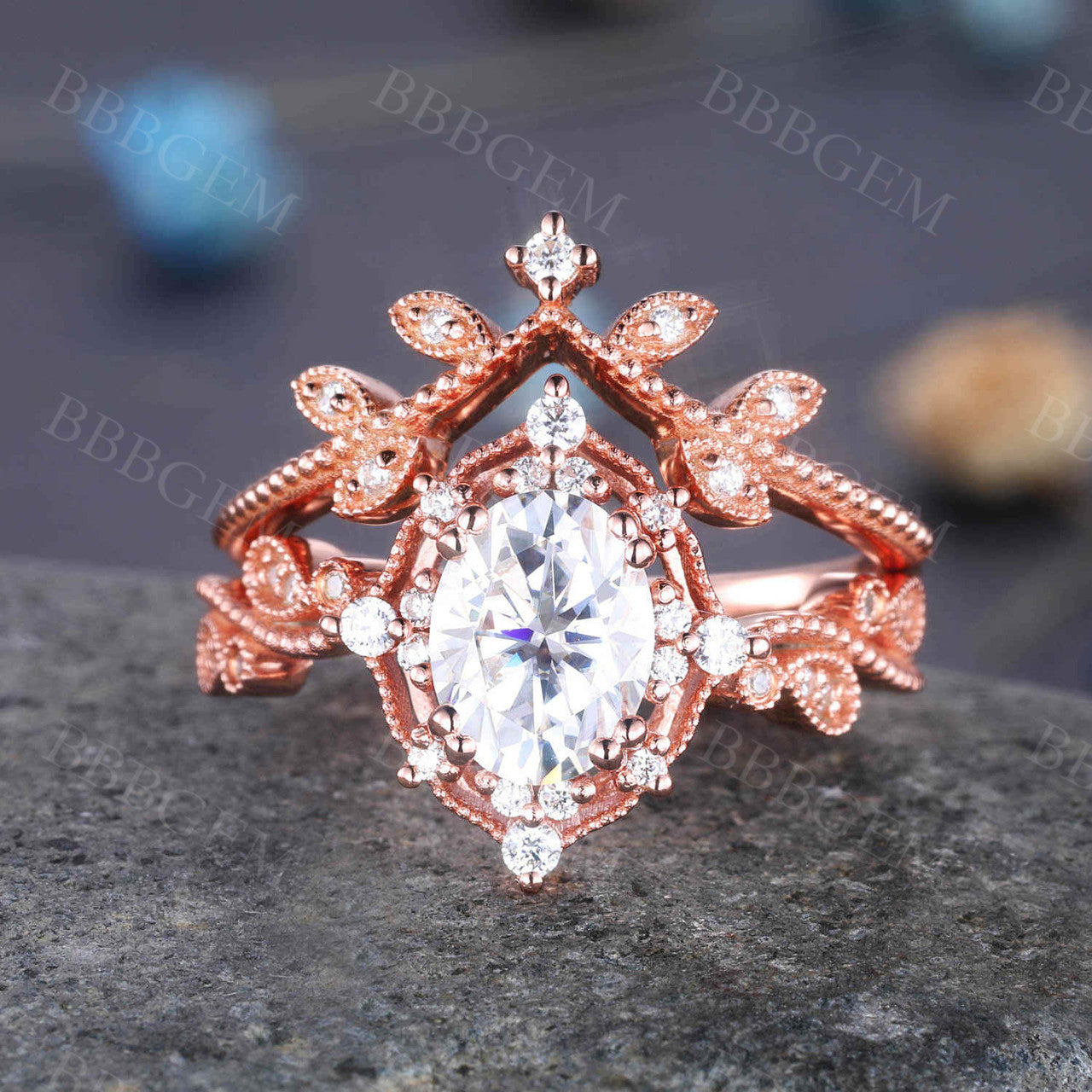 Rose Gold Oval Moissanite Engagement Ring Set with Diamond Matching Band - Art Deco Milgrain Wedding Ring for Women | Perfect for Proposals, Anniversaries & Bridal Jewelry