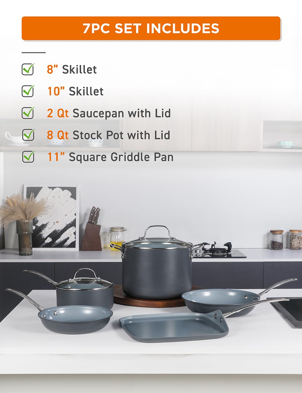 Commercial Chef 7-Piece EcoPan Hard Anodized Aluminum Cookware Set - Non-Toxic Ceramic Non-Stick Pots & Pans with Lids - Induction Compatible, Oven & Dishwasher Safe - PFOA & PTFE Free - Perfect for Home Cooking, Restaurants & Healthy Meal Prep