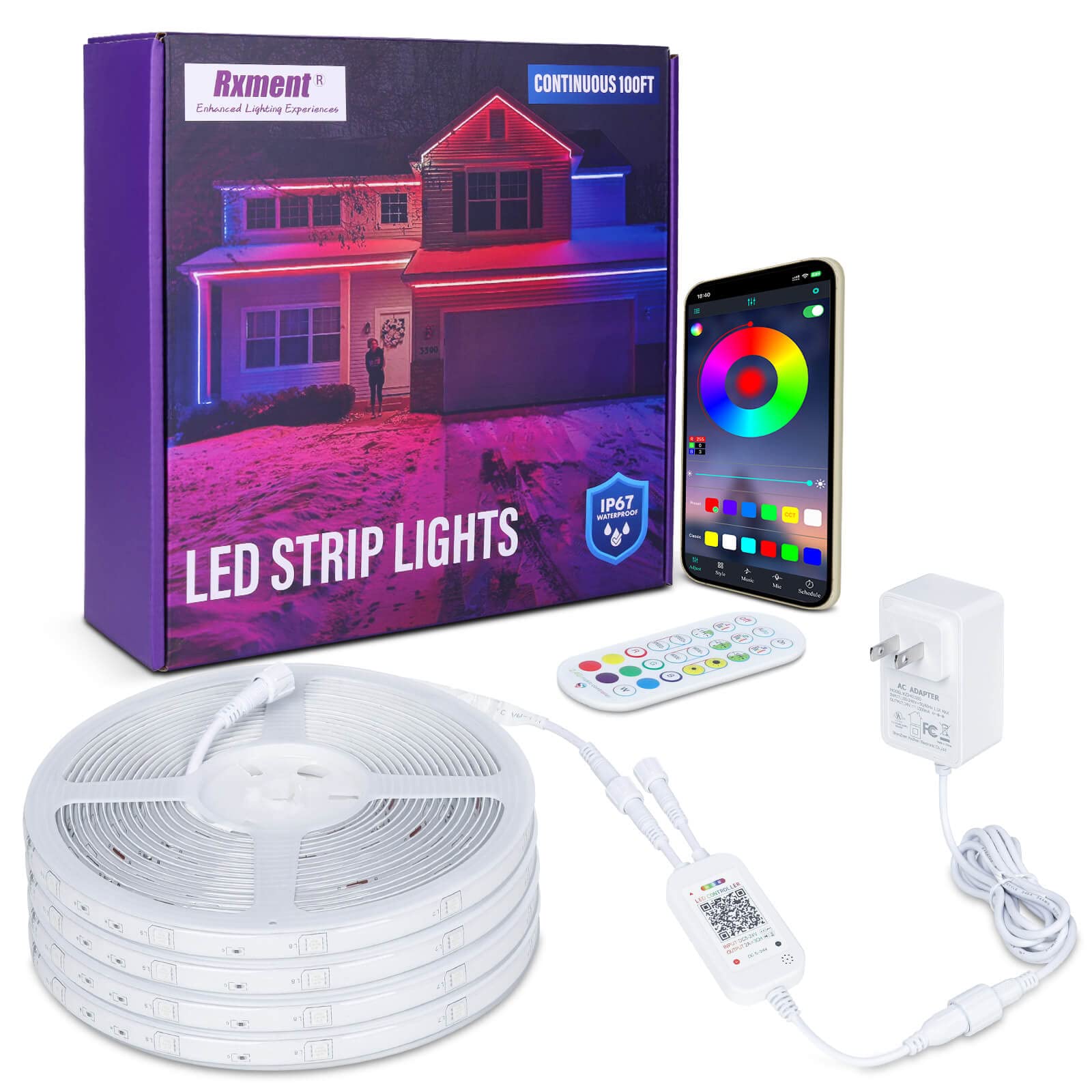 Rxment 100ft Waterproof Outdoor LED Strip Lights - 5050 RGB Color Changing Rope Lights with RF Remote & Bluetooth App Control, Super Bright 24V IP67 for Garden, Patio, Pool, Party, and Home Decoration
