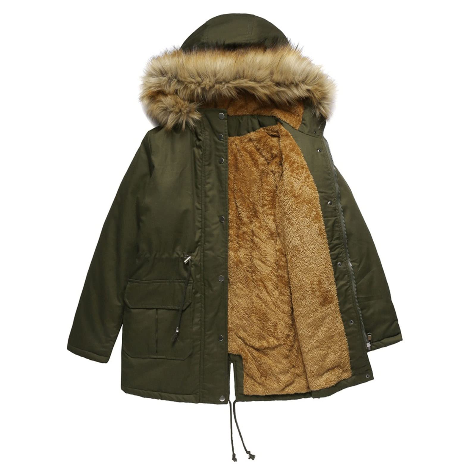 Women's Mid-Length Hooded Winter Coat - Solid Color Fleece-Lined Warm Padded Jacket with Fur Collar | Plus Size Outerwear for Cold Weather | Perfect for Snow Days, Commuting & Outdoor Activities