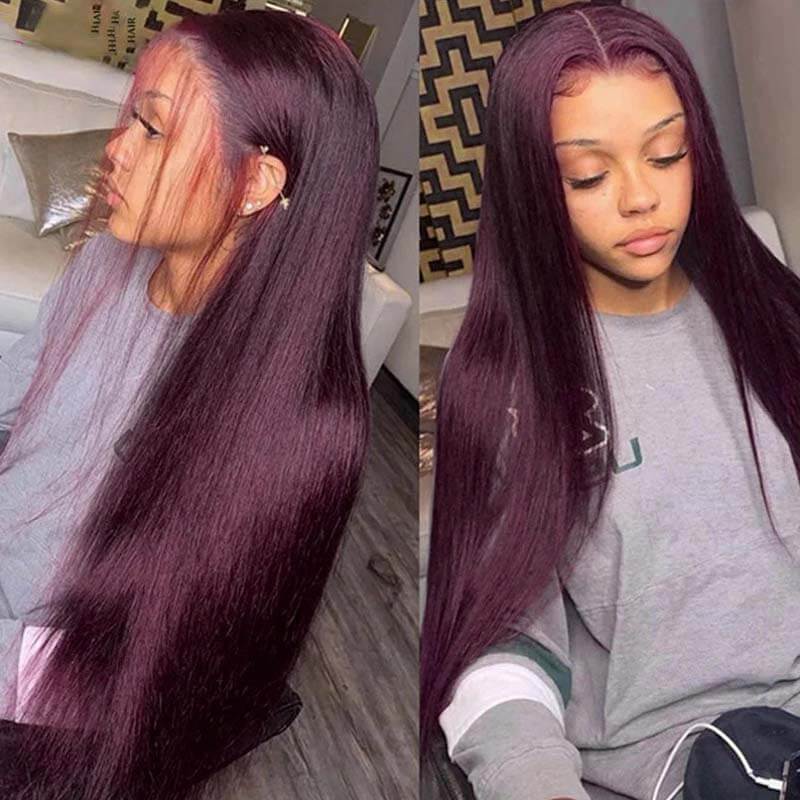 Eullair Glueless Dark Purple Plum Straight Human Hair Wig - Body Wave Lace Frontal Wigs for Women | Natural Look for Daily Wear, Cosplay & Special Occasions