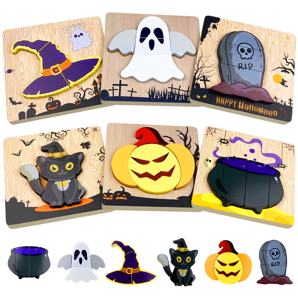 Halloween Wooden Puzzles for Kids - 6 Pack Halloween Party Favors, Toddler Educational Toys, Halloween Treat Bags & Gifts for Boys Girls - Perfect for Classroom Activities, Trick or Treat Goodie Bags & Holiday Party Games