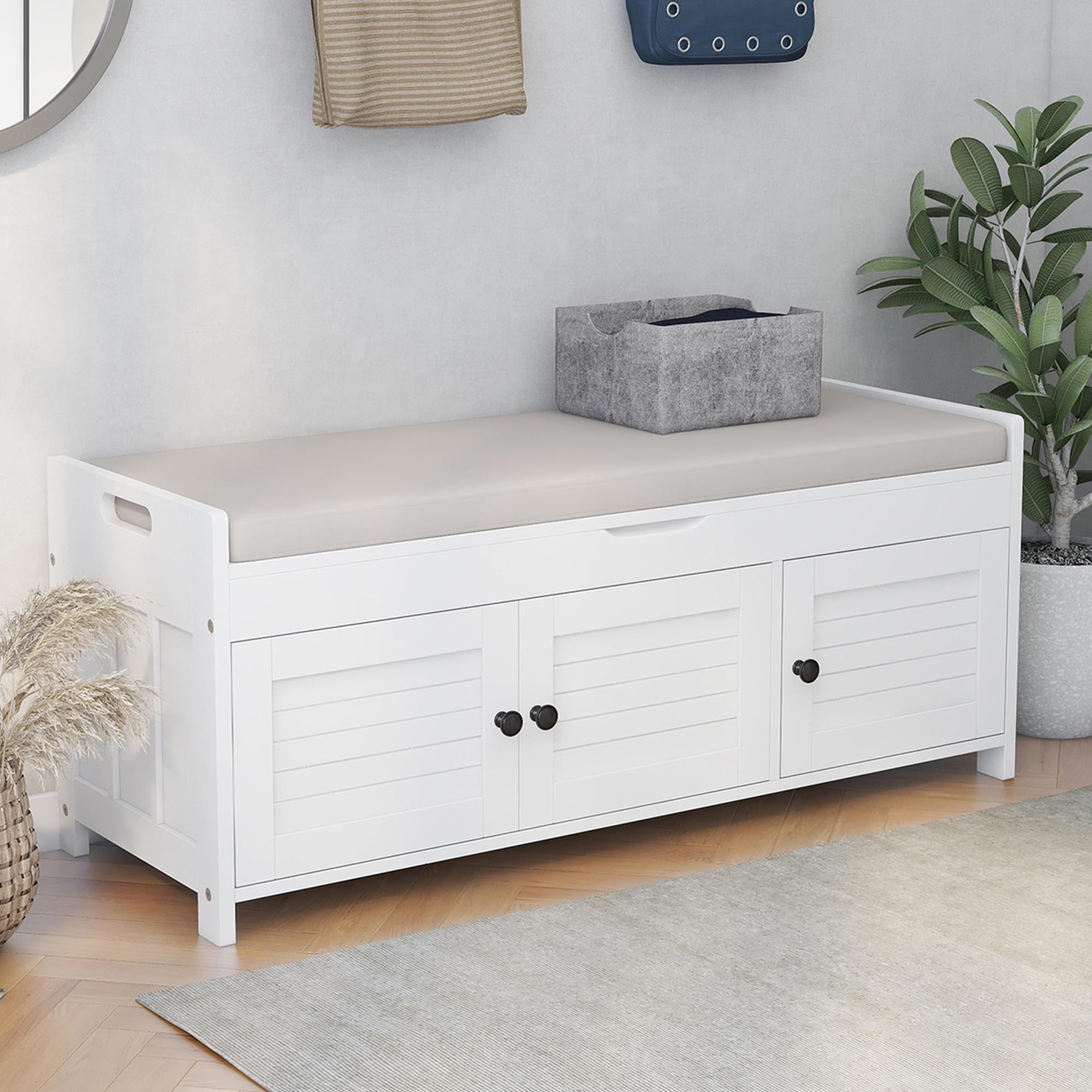 P PURLOVE Storage Bench with Removable Cushion - 3 Shutter Doors & Hidden Storage Space - Entryway Bench for Living Room, Hallway & Bedroom - White - Perfect for Organizing Shoes, Blankets & Home Decor