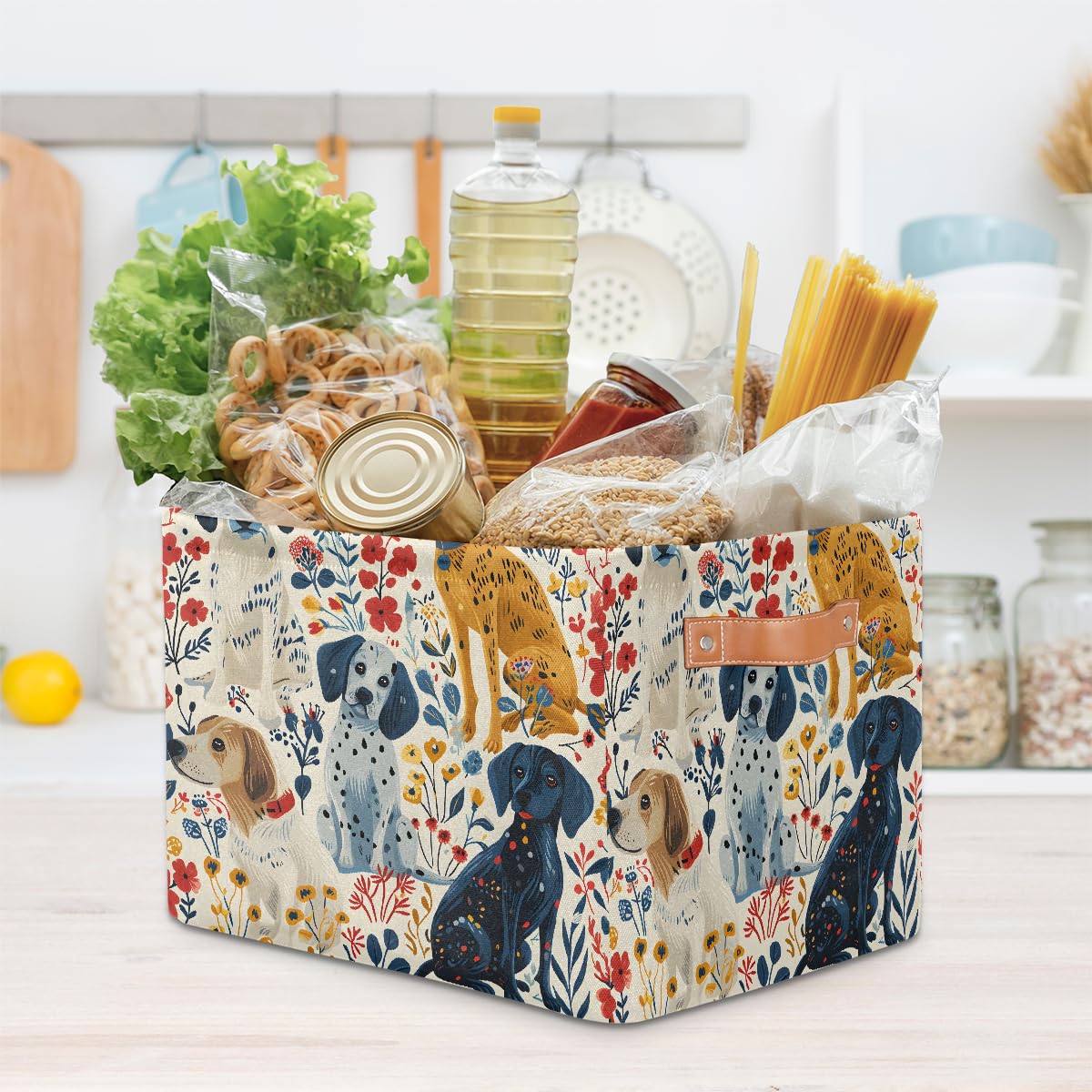 Cartoon Hand-Drawn Dog Foldable Storage Baskets with Handles - 2 Pack Decorative Organizer Bins for Shelves, Home & Office | Perfect for Bedroom, Bathroom, and Kids' Room Storage