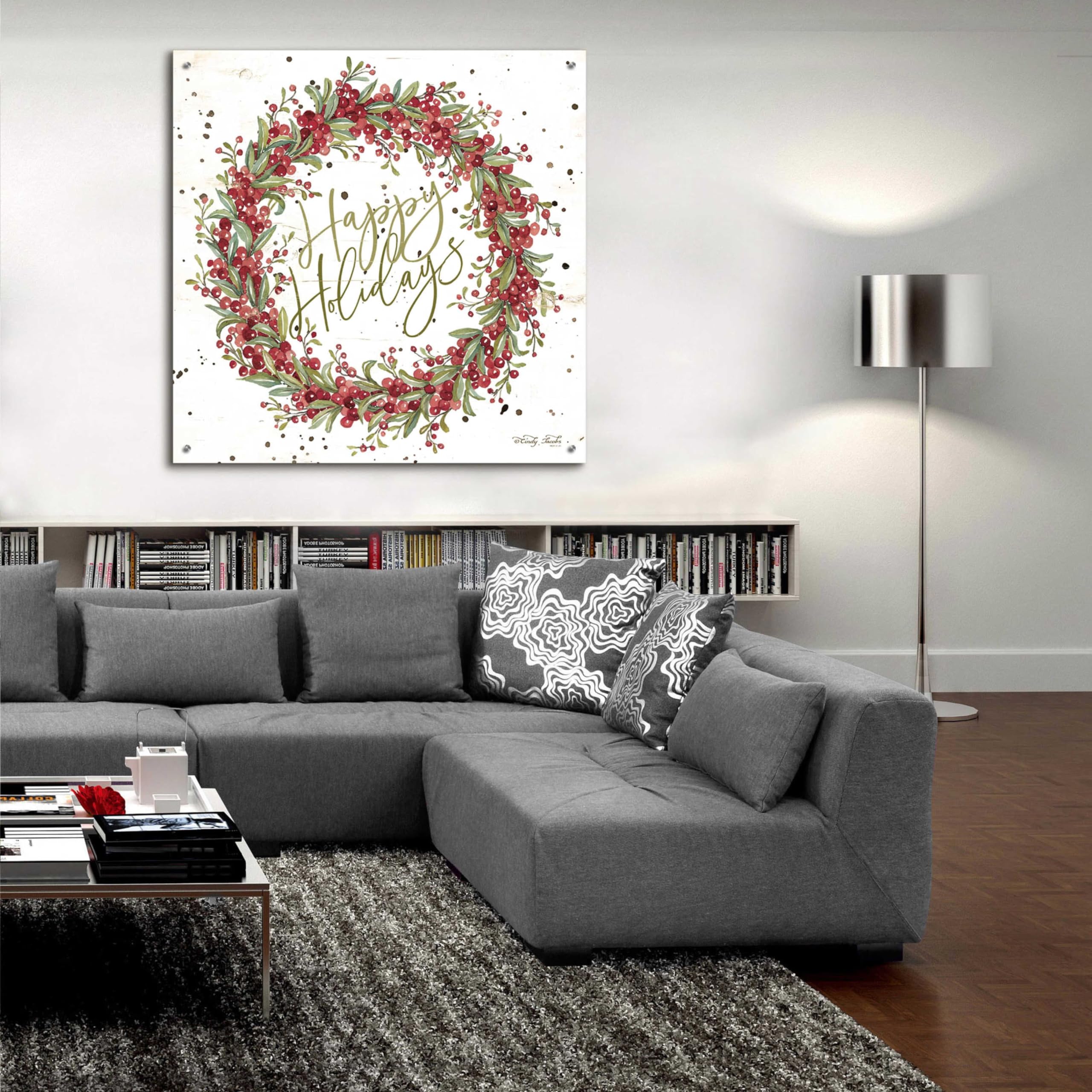 Happy Holidays Berry Wreath Acrylic Glass Wall Art - 36x36 Inch Christmas Decor by Cindy Jacobs - Perfect for Living Room, Bedroom, or Office Holiday Decoration