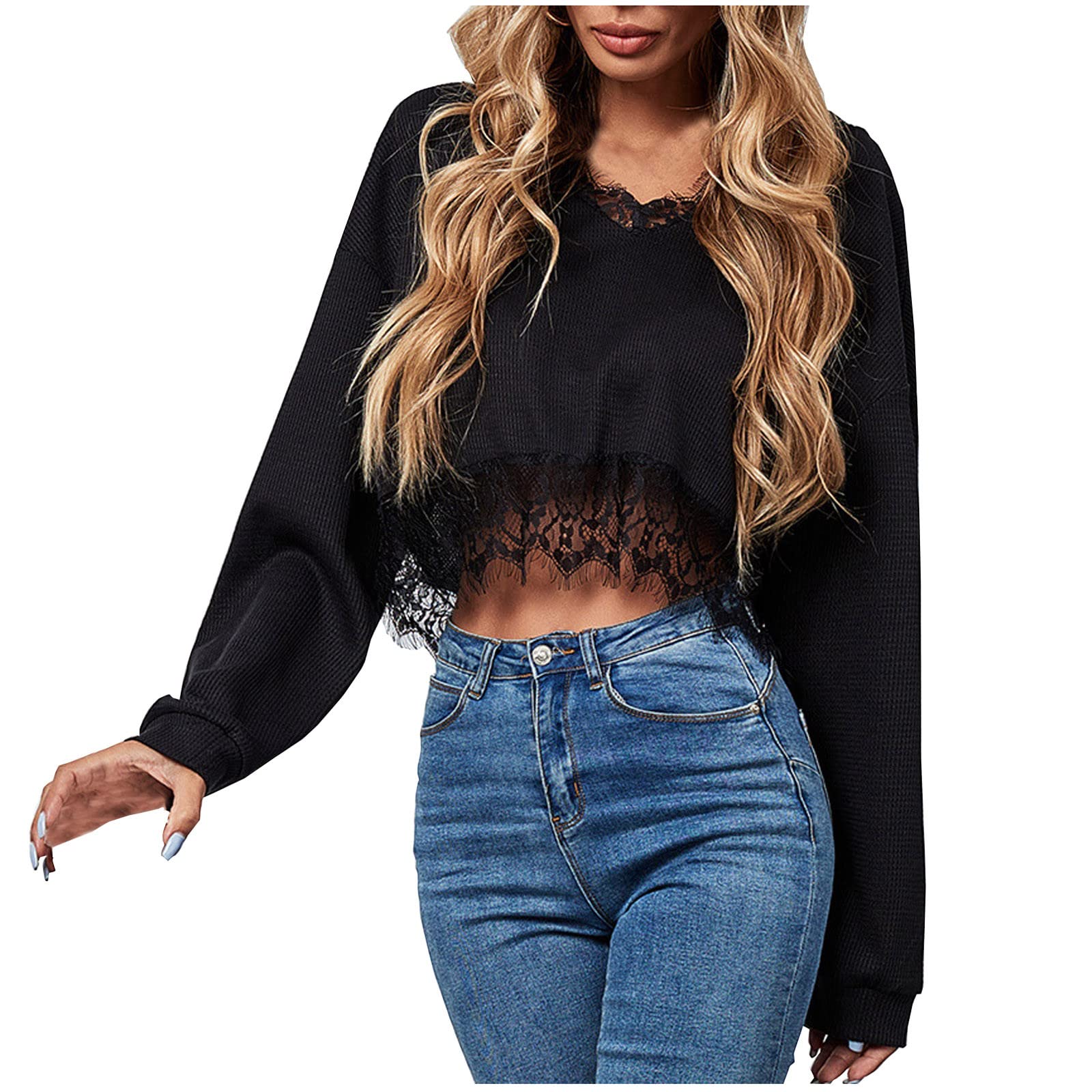 Women's Sexy Crop Tops - Hollow Out Lace Patchwork Waffle Tee Shirts, Casual Long Sleeve V-Neck Pullover Blouse for Party, Date Night & Summer Outfits