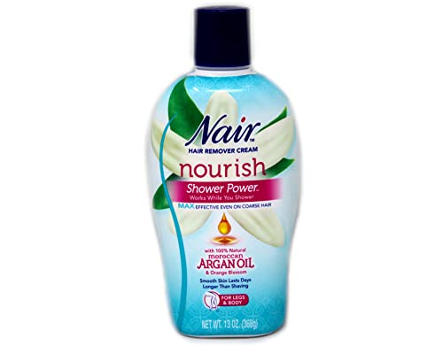 Nair Shower Power Max Hair Removal Cream with Moroccan Argan Oil - 13 oz (Pack of 5) for Smooth Legs & Body - At-Home Hair Removal for Women & Men - Perfect for Pre-Vacation, Summer Ready Skin & Quick Hair Removal Before Dates