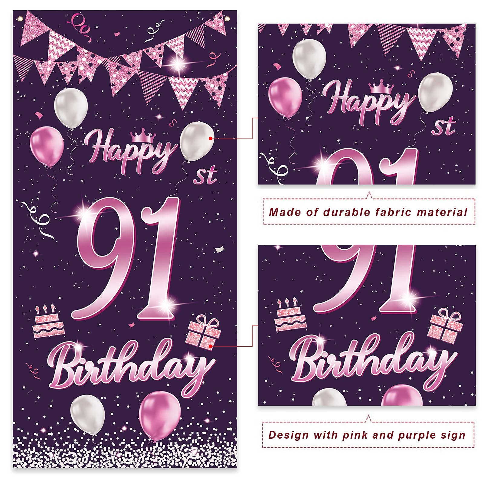 91st Birthday Decorations - Purple Rose Banner, Balloons & Confetti Backdrop for Women & Men | Cheers to 91 Years Party Supplies | Perfect for Door Cover, Porch & Birthday Party Backgrounds