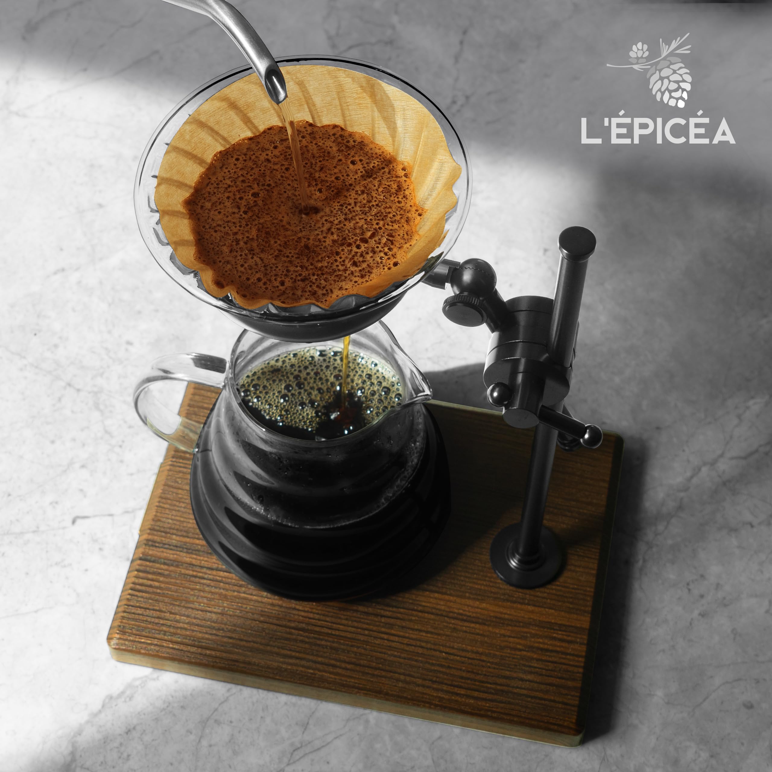 Premium Pour Over Coffee Maker Set - Stainless Steel Adjustable Stand with Wooden Base, Glass Carafe & Paper Filters - Ideal for Home Brewing, Office Use & Specialty Coffee Lovers (Black)