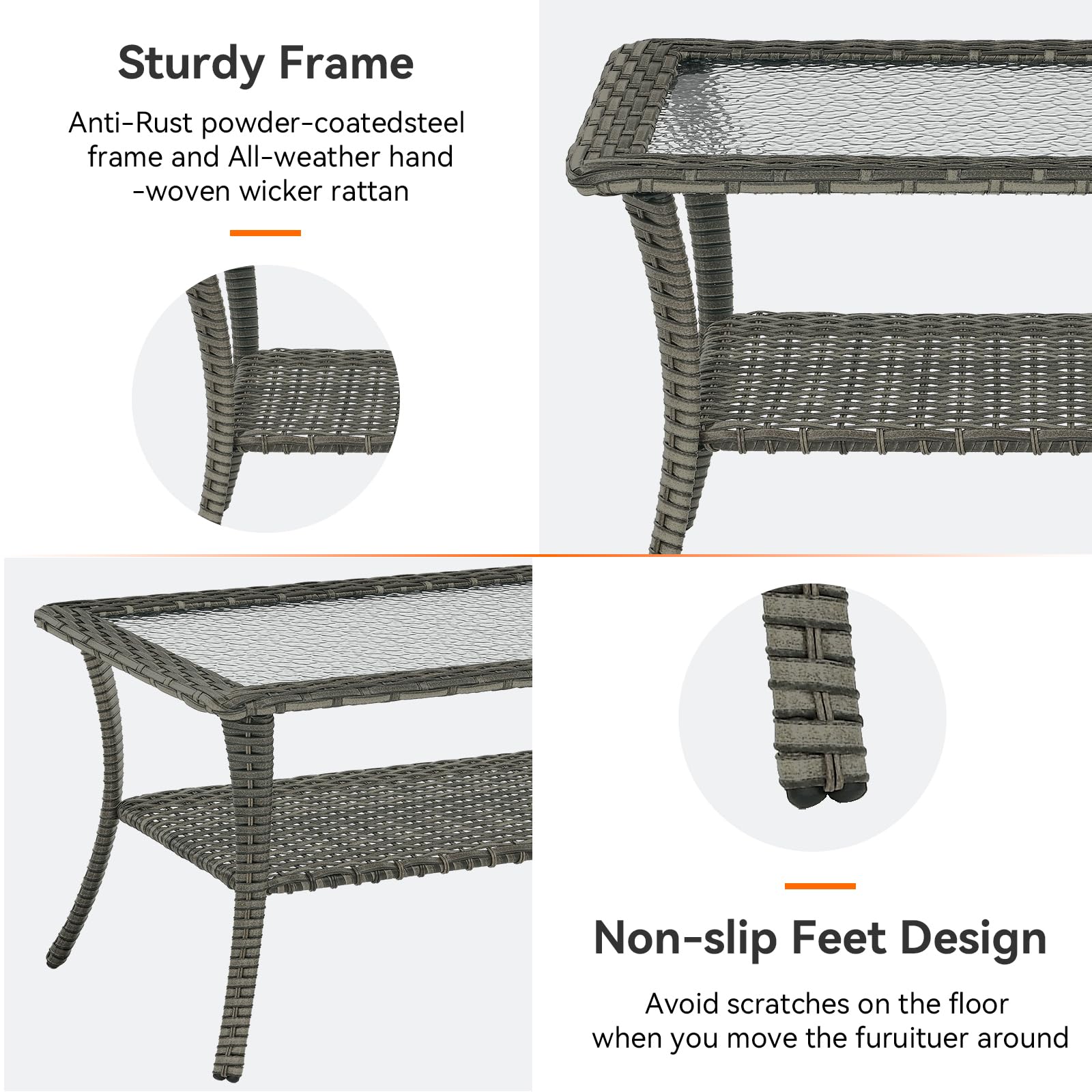 Outdoor Coffee Table - Rattan Wicker Patio Table with Tempered Glass Top & 2-Tier Storage - Weatherproof Furniture for Deck, Porch, Balcony, Garden - Grey - Perfect for Outdoor Relaxation & Entertaining
