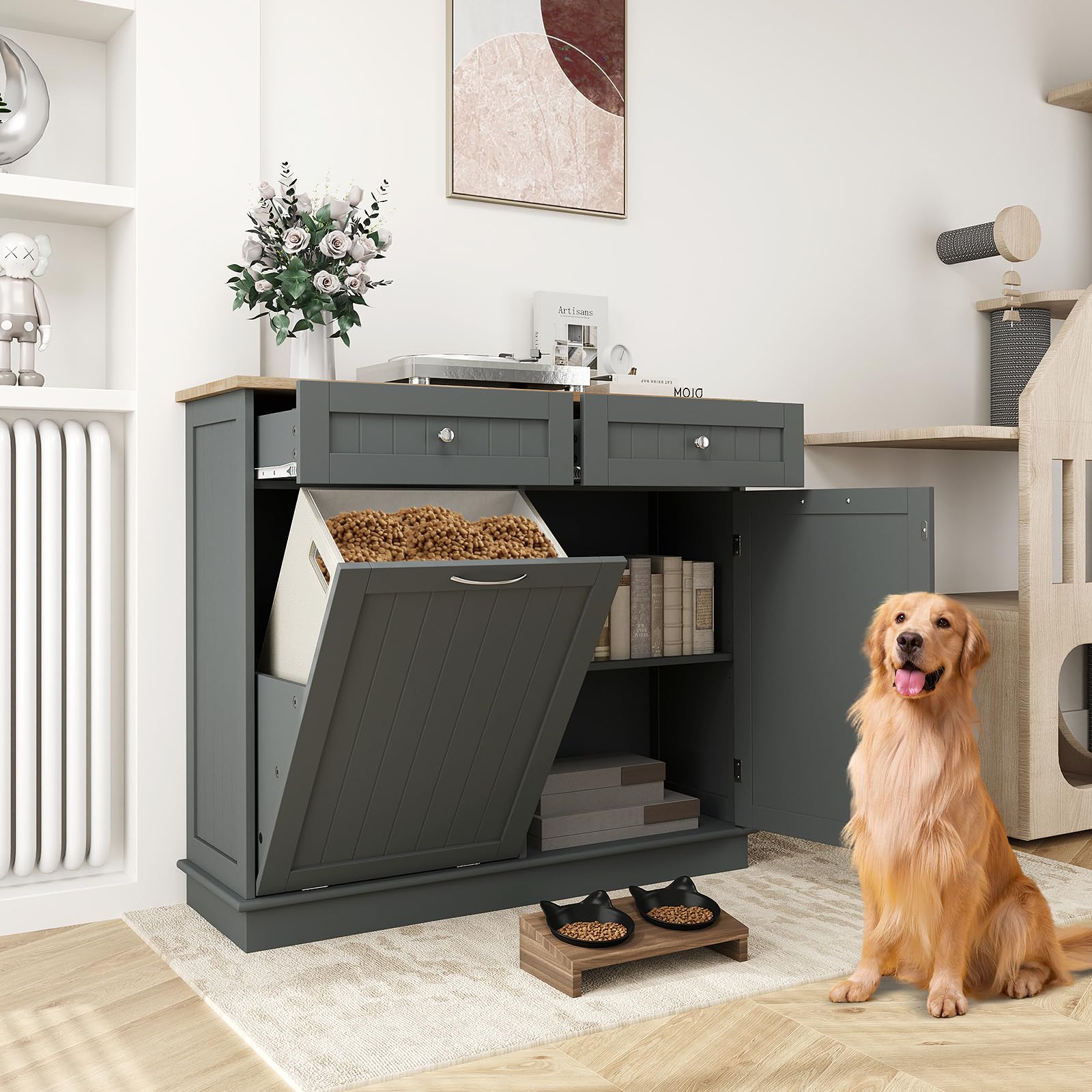 Freestanding Tilt-Out Trash Cabinet with 2 Drawers & Adjustable Shelf - Rubber Wood Countertop Kitchen Island Organizer, Laundry Hamper & Pet-Proof Recycling Bin Holder (Gray) | Perfect for Small Kitchens, Laundry Rooms & Pet-Friendly Homes