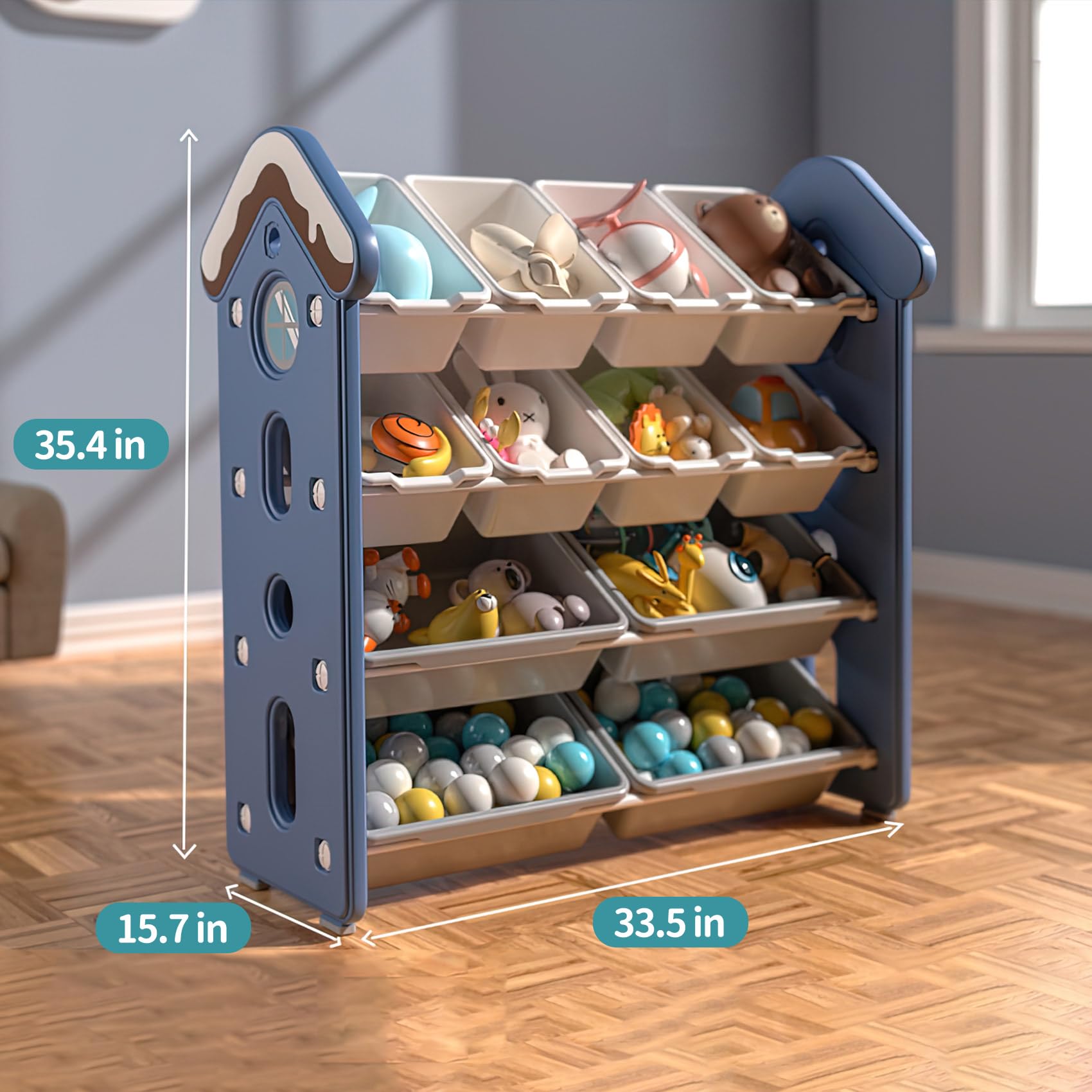 UNICOO® 4-Tier Kids Toy Storage Cabinet with 12 Bins - Montessori Style Organizer Shelf for Nursery, Playroom & Study Room - Blue | Perfect for Organizing Toys, Books & Crafts in Children's Bedroom or Classroom
