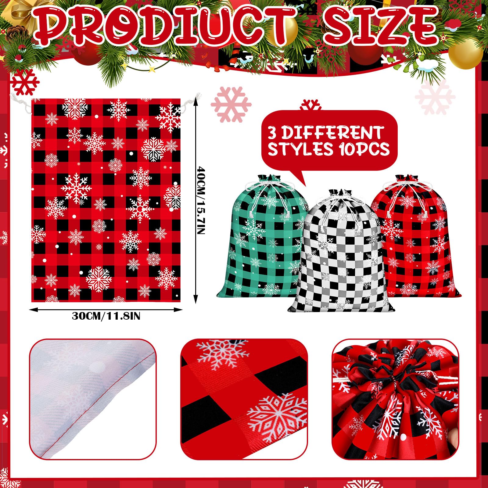 Shappy 10-Piece Christmas Buffalo Plaid Drawstring Gift Bags Set - 12