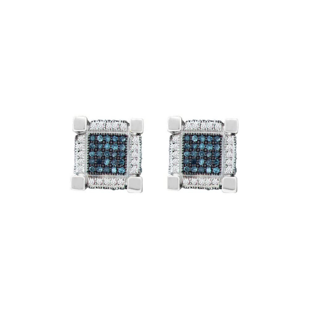 10K White Gold Men's Round Blue Enhanced Diamond 3D Cube Square Earrings - 3/4 CTTW, I2-I3 Clarity - Perfect for Gifts, Weddings & Special Occasions