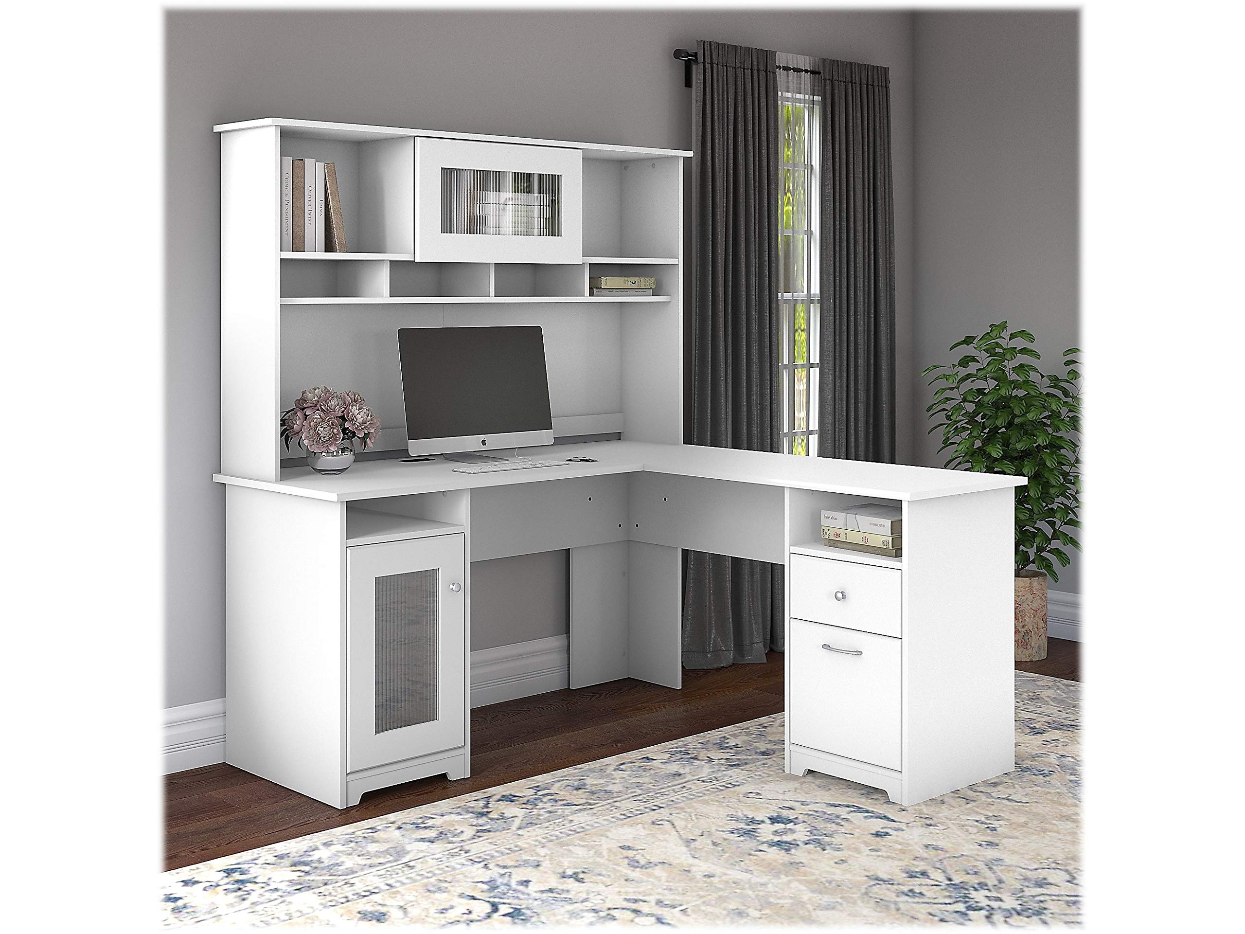 Bush Furniture Cabot L Shaped Desk with Hutch - White Corner Computer Desk with Storage for Home Office, Study & Small Spaces | 60W L-Shaped Workstation for PC, Laptop & Office Organization