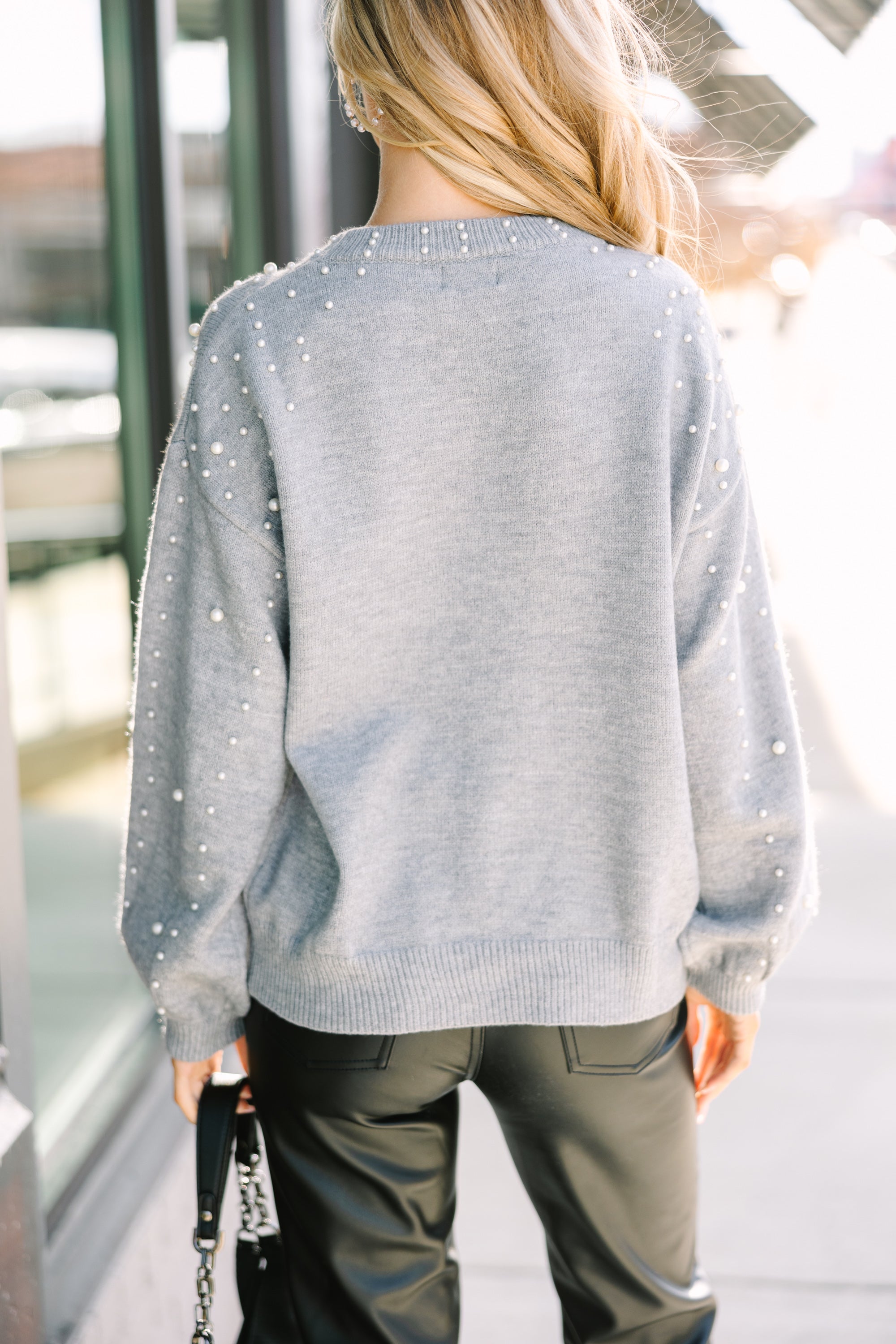 Stylish Dark Gray Pearl Embellished Sweater for Women | Elegant Knit Top for Casual Wear, Office & Date Nights