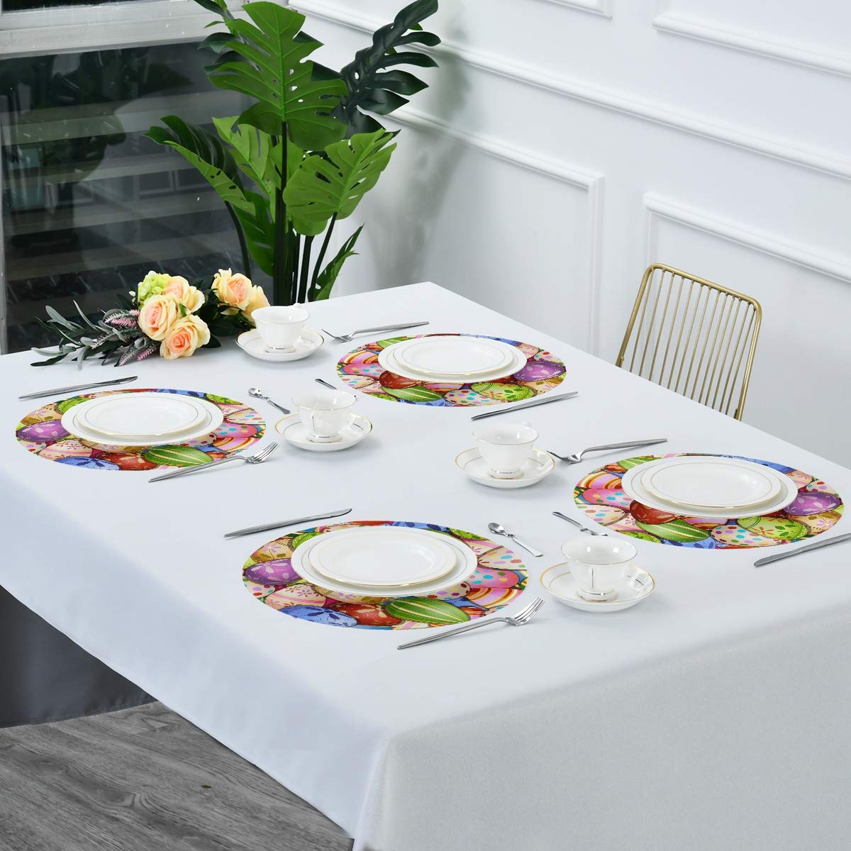 Bolaz Round Heat Insulation Placemats Set of 4 - 15 Inch Easter Kitchen Dining Table Mats for Holiday Decor & Daily Use