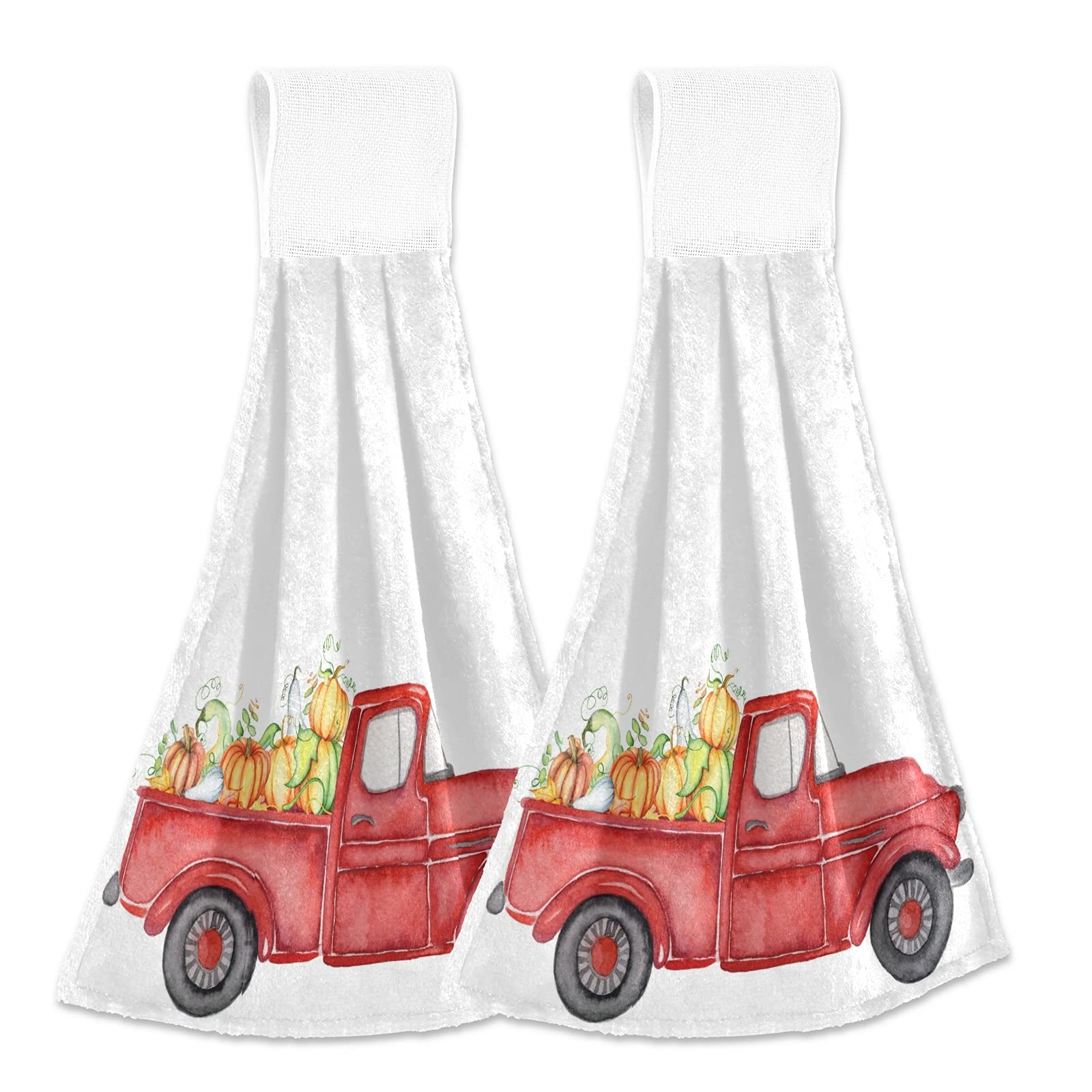 Autumn Truck Pumpkins Hanging Kitchen Towel Set of 2 - Red Harvest Dish Cloths, Hand Towels & Tea Towels | Absorbent Fast-Drying for Kitchen, Bathroom, Laundry Room Decor | Fall Farmhouse Decor, Thanksgiving Table Setting, Seasonal Home Accents