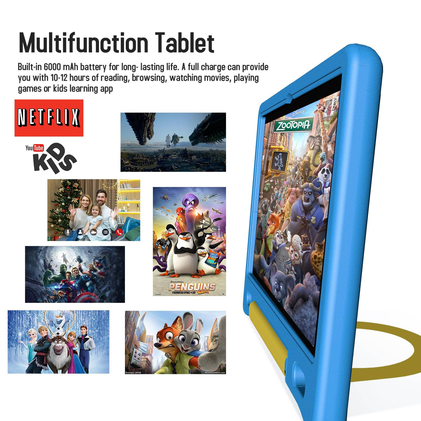 10 Inch Kids Tablet with Strap - Android 14 Octa-Core 64GB/1TB Expandable Storage, Bluetooth WiFi Dual Camera - 12-Hour Battery Life with Parental Control & Protective Case - Perfect for Learning, Games, and Travel Entertainment
