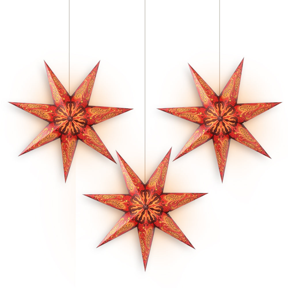 3-Pack 24/7 Point Crimson Fantasy LED Star Lantern with Bulbs & Cord - Perfect for Bedroom Decor, Party Lighting & Outdoor Garden Ambiance
