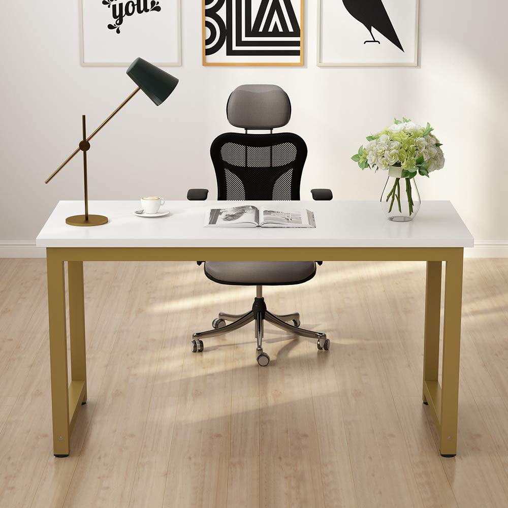 Tribesigns 55 Inch Modern Computer Desk - Large Home Office Desk with White Gold Metal Frame, Study Writing Workstation for Small Spaces & Gaming Setup