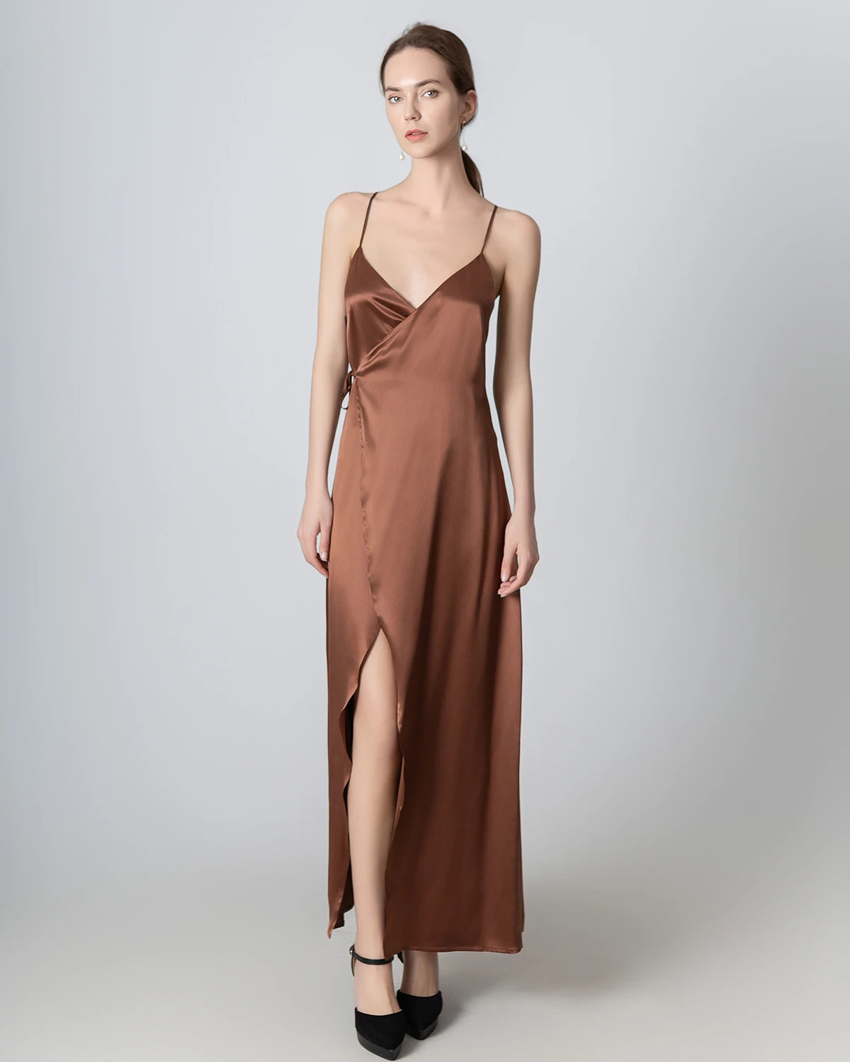 Elegant V-Neck Backless Wrap Maxi Silk Dress for Women - Perfect for Weddings, Parties & Evening Events