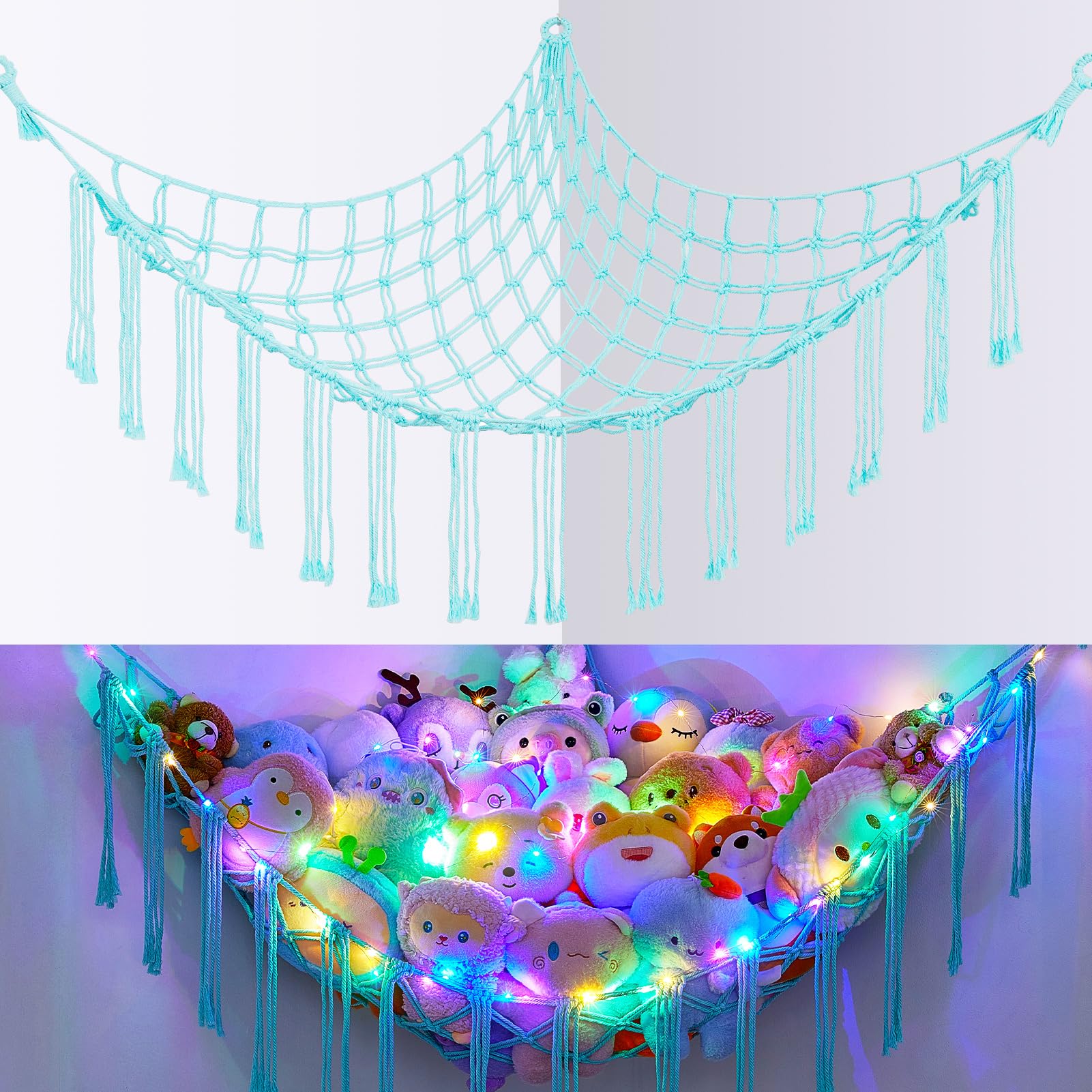 **Basumee LED Stuffed Animal Hammock - Light Aqua Green Wall-Mounted Toy Storage Net for Kids Room Decor & Organization - Perfect for Bedroom, Nursery, or Playroom**