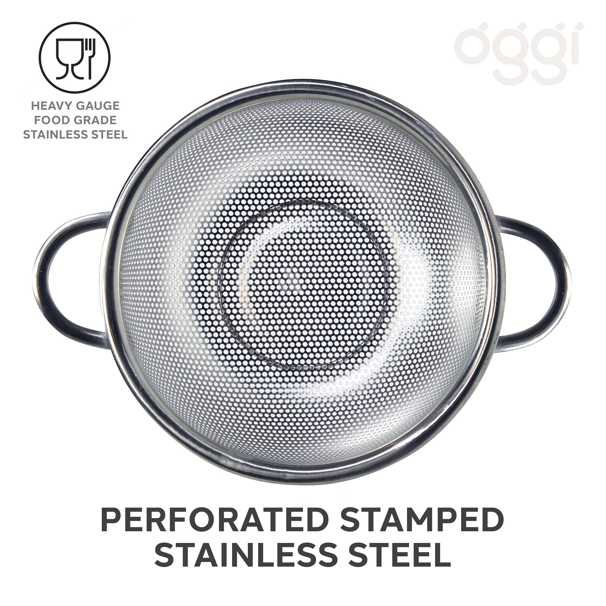 OGGI 2-Quart Stainless Steel Colander with Precision Perforations - Fast Draining, Large Capacity & Rust Resistant - Perfect for Pasta, Rice, Beans, Fruits, Vegetables & Salads - Ideal for Kitchen, Cooking, Meal Prep & Healthy Eating